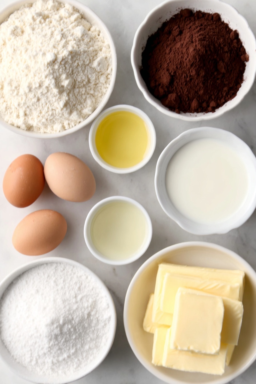 Flat lay of a small mound of all-purpose flour, a heap of granulated sugar, a small pile of unsweetened cocoa powder, a small white bowl of baking powder, a small white bowl of baking soda, a pinch of kosher salt on white ceramic, a small white bowl of whole milk, two brown eggs with clean shells, a small white bowl of vegetable oil, a small white bowl of vanilla extract, a small white bowl of boiling water, a few sticks of unsalted butter at room temperature, a small white bowl of powdered sugar, all arranged symmetrically on a simple white ceramic surface, placed on a clean white marble surface, soft natural light, photo taken with an iPhone, professional food photography style, fresh ingredients, white ceramic bowls, no bottles, no duplicates, no utensils, no packaging --ar 2:3 --v 7 --p m7354615311229779997 - Delicious Chocolate Cake, homemade chocolate cake, moist chocolate cake recipe, easy chocolate cake, rich chocolate dessert