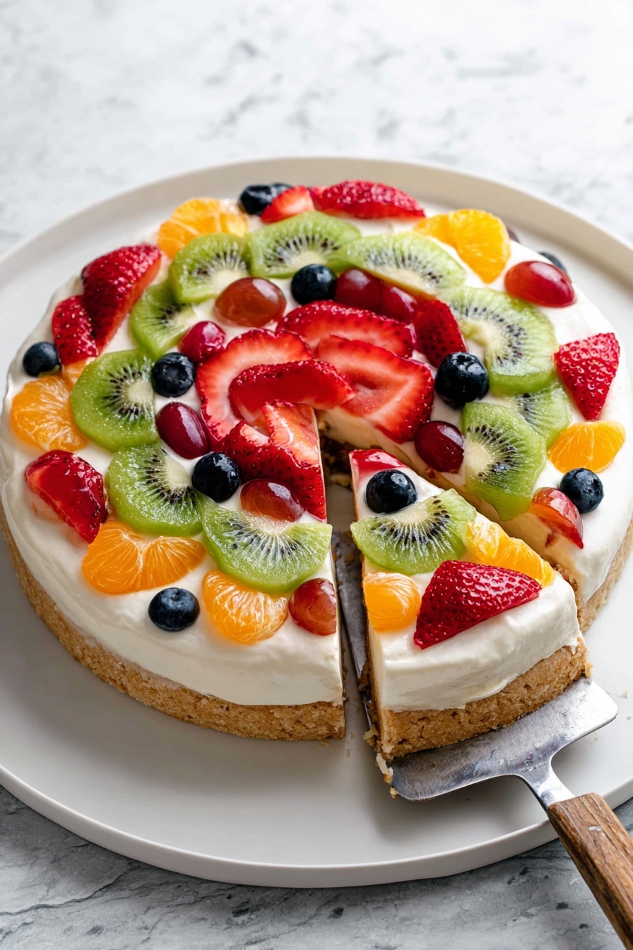A round dessert with three visible layers is shown on a white plate with a white marbled texture background. The bottom layer is a golden brown cookie crust, rough in texture and slightly thick. Above that is a smooth creamy white layer spread evenly across the crust. The top layer is decorated with colorful fruit arranged in circles: the outer ring has halved bright red strawberries, the middle ring has green kiwi slices with black seeds, and the inner circle has a mix of red grapes, orange mandarin slices, halved strawberries, and small blue blueberries scattered around. One slice is removed and slightly lifted with a silver spatula, showing the layers clearly. photo taken with an iphone --ar 2:3 --v 7 - Fruit Pizza with Cream Cheese Frosting, fruit pizza recipes, easy fruit dessert, holiday fruit pizza, fresh fruit pizza dessert