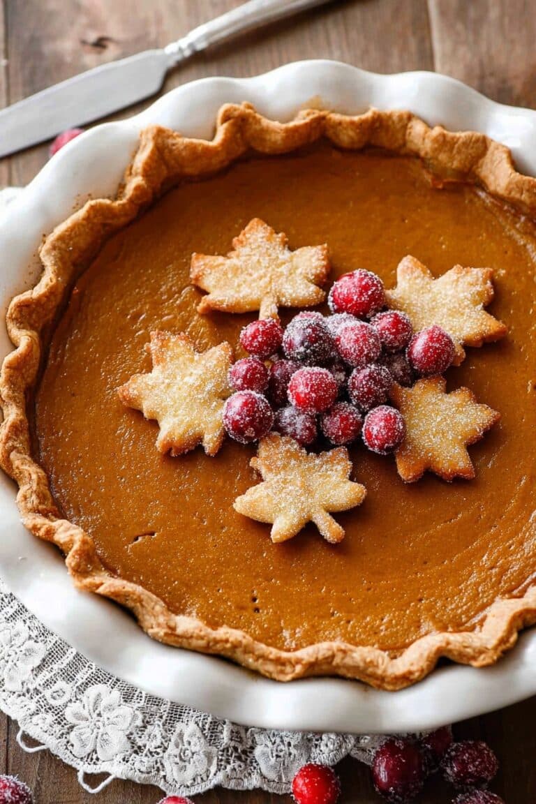 Homemade Pumpkin Pie with Cranberry Garnish Recipe