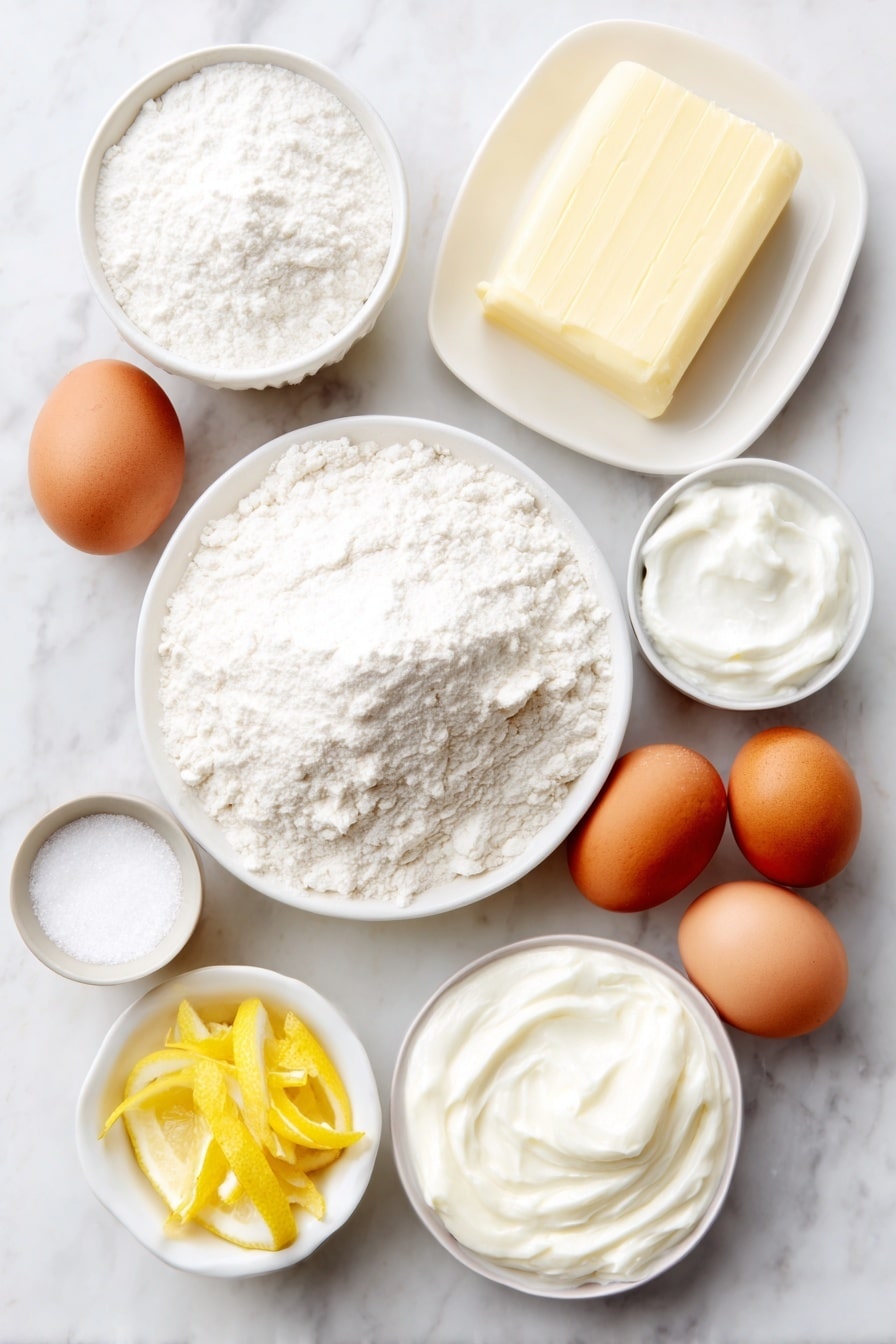 Flat lay of a small mound of all-purpose flour on a simple white ceramic plate, a small white ceramic bowl of baking powder, a small white ceramic bowl of salt, a large square of softened unsalted butter on a white ceramic dish, a small white ceramic bowl filled with granulated sugar, three whole brown eggs with clean shells, a small white ceramic bowl of sour cream, a whole fresh lemon with bright yellow skin alongside a small white ceramic bowl containing freshly squeezed lemon juice, a few thin strips of fresh lemon zest arranged neatly on a white ceramic plate, a small white ceramic bowl of pure vanilla extract, a small white ceramic bowl of sifted confectioners’ sugar, a small white ceramic bowl with lemon juice for icing, and a small white ceramic bowl of heavy cream, all placed on a clean white marble surface, soft natural light, photo taken with an iPhone, professional food photography style, fresh ingredients, white ceramic bowls, no bottles, no duplicates, no utensils, no packaging --ar 2:3 --v 7 --p m7354615311229779997 - Iced Lemon Pound Cake, Lemon Pound Cake, Lemon Cake Recipe, Moist Lemon Pound Cake, Zesty Lemon Dessert