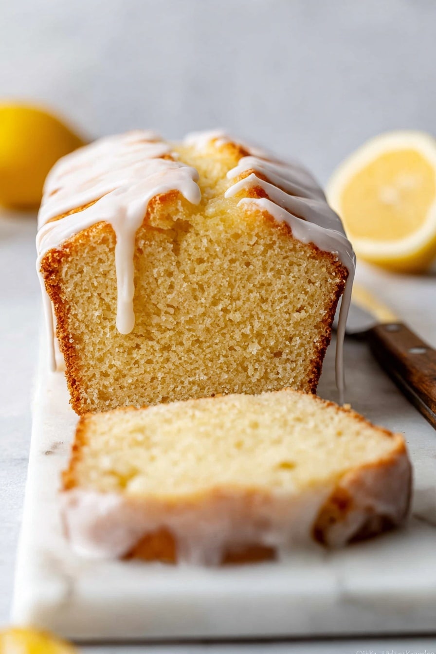 A slice of light golden yellow lemon loaf cake with a soft, moist texture sits on a white marbled board, while the rest of the loaf remains upright behind it. The cake is covered with a smooth, white glaze that drips slightly down the sides. There is a half lemon blurred softly in the background, and a knife with a wooden handle rests on the right side. The scene has a clean, fresh look with a white marbled surface and a soft, pale background. Photo taken with an iphone --ar 2:3 --v 7 - Iced Lemon Pound Cake, Lemon Pound Cake, Lemon Cake Recipe, Moist Lemon Pound Cake, Zesty Lemon Dessert