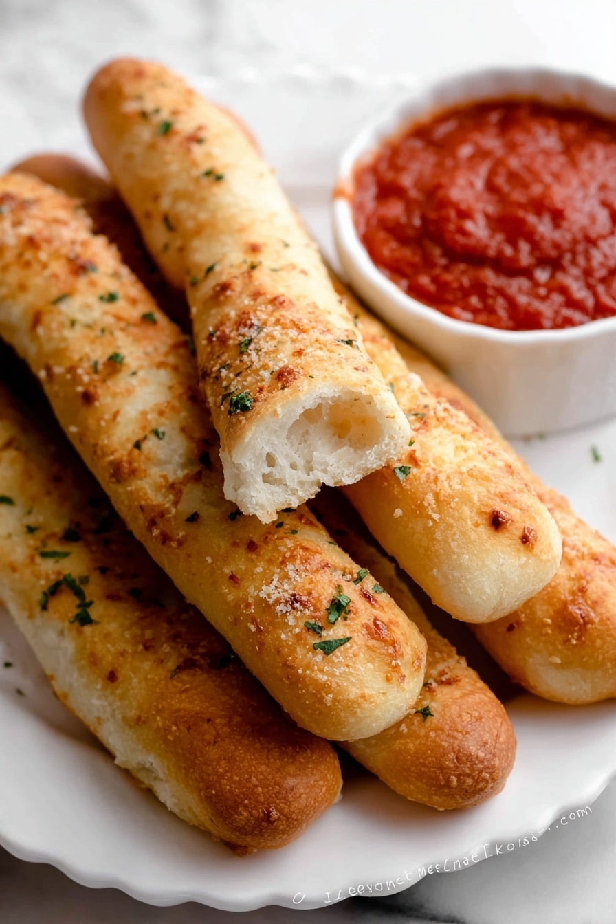 The image shows five golden-brown breadsticks with a crispy, slightly rough texture topped with small bits of seasoning and green herbs. One breadstick is broken in half, showing the soft, airy white inside. The breadsticks are arranged close together on a white plate with a scalloped edge, which sits on a white marbled surface. Next to the breadsticks is a small white dish filled with chunky, bright red marinara sauce speckled with herbs. Photo taken with an iphone --ar 2:3 --v 7 - Homemade Soft Breadsticks with Garlic Butter, soft breadstick recipe, easy garlic breadsticks, homemade breadsticks, garlic butter breadsticks