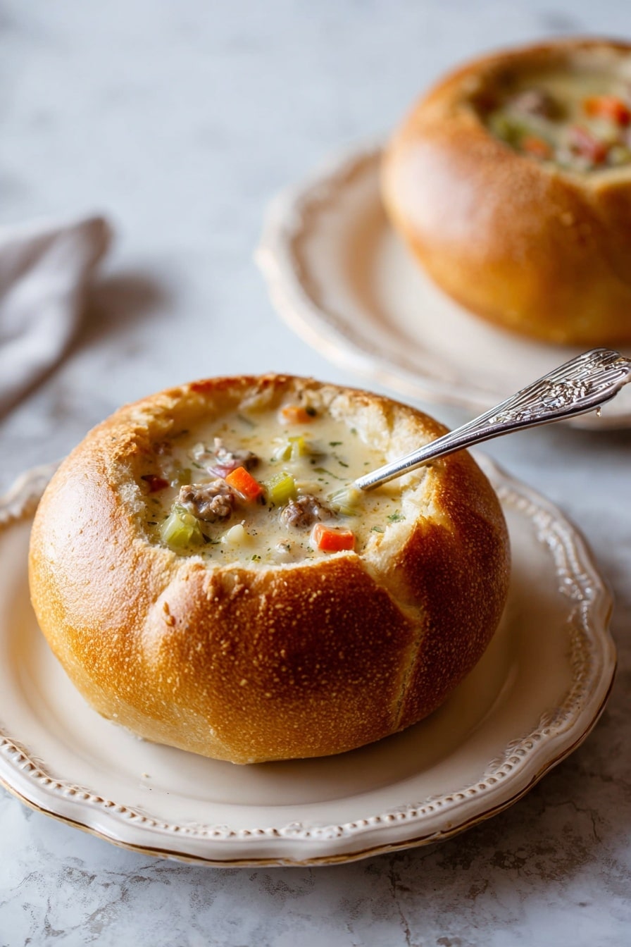 The image shows two bread bowls filled with thick creamy soup. In the front, a round bread bowl is golden brown with a slightly cracked crust and hollowed out to hold soup with visible chunks of orange carrots, green celery, and small pieces of meat in a light creamy broth. A silver spoon is stuck inside the soup, leaning against the inner edge of the bread bowl. This bread bowl sits on a white plate with a raised decorated edge and a glazed shiny surface. In the background, another bread bowl filled with the same soup is on a white plate with a scalloped edge, slightly out of focus. The setting is on a white marbled surface with soft natural light. Photo taken with an iphone --ar 2:3 --v 7 - Homemade Bread Bowls, bread bowls for soup, homemade bread recipes, crispy crust bread bowls, how to make bread bowls