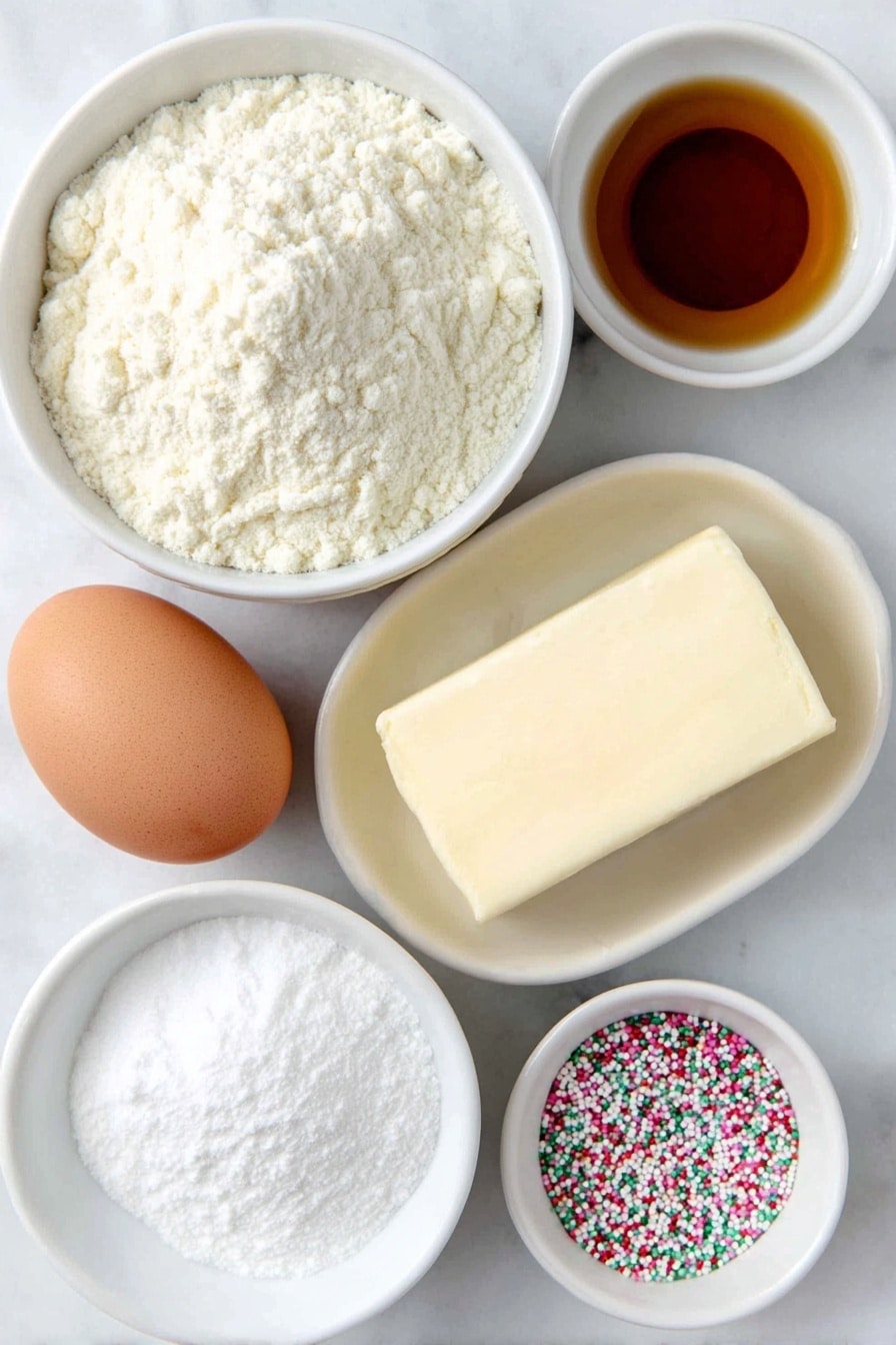 Flat lay of a small mound of pale all-purpose flour, a small white ceramic bowl filled with fine granulated sugar, a smooth unwrapped slab of unsalted butter with a creamy yellow hue, one large whole brown egg with a clean shell, a small white ceramic bowl containing clear vanilla extract, a tiny white ceramic bowl with a light amber almond extract, a small white ceramic bowl holding white baking powder, a pinch of fine salt presented on the surface, and a small simple white ceramic bowl with colorful assorted sprinkles placed neatly around, all arranged symmetrically on a clean white marble surface, soft natural light, photo taken with an iPhone, professional food photography style, fresh ingredients, white ceramic bowls, no bottles, no duplicates, no utensils, no packaging --ar 2:3 --v 7 --p m7354615311229779997 - Soft Cut-Out Sugar Cookies, Sugar Cookies for Decorating, Tender Sugar Cookie Recipe, Shape-Holding Sugar Cookies, Soft and Delicious Cookie Recipe