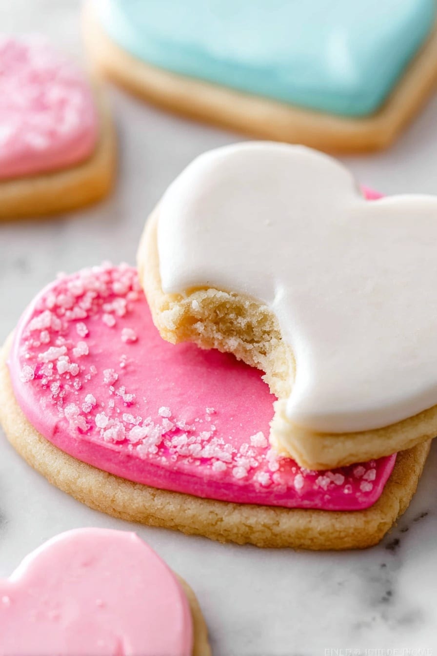 A close-up view of a heart-shaped layered cookie on a white marbled surface. The bottom cookie layer is light golden brown, topped with a thick layer of bright pink frosting embedded with small pink sugar crystals. Above that is another heart-shaped cookie with smooth white icing on top, showing a bite taken off the edge to reveal the soft, crumbly interior. Around the main cookie are parts of other cookies with pastel blue and pink smooth icing. Photo taken with an iphone --ar 2:3 --v 7 - Soft Cut-Out Sugar Cookies, Sugar Cookies for Decorating, Tender Sugar Cookie Recipe, Shape-Holding Sugar Cookies, Soft and Delicious Cookie Recipe