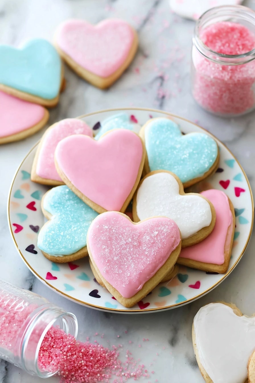 A white plate with colorful small dots holds a pile of heart-shaped cookies decorated with smooth icing in pastel colors: several pink ones with light pink sugar crystals on top, a single light blue one, and white ones sprinkled with pink sugar. Around the plate on the white marbled surface are more heart cookies in pink, blue, and white icing. To the side of the plate, a small clear jar lies tipped over, spilling pink sugar crystals. photo taken with an iphone --ar 2:3 --v 7 - Soft Cut-Out Sugar Cookies, Sugar Cookies for Decorating, Tender Sugar Cookie Recipe, Shape-Holding Sugar Cookies, Soft and Delicious Cookie Recipe