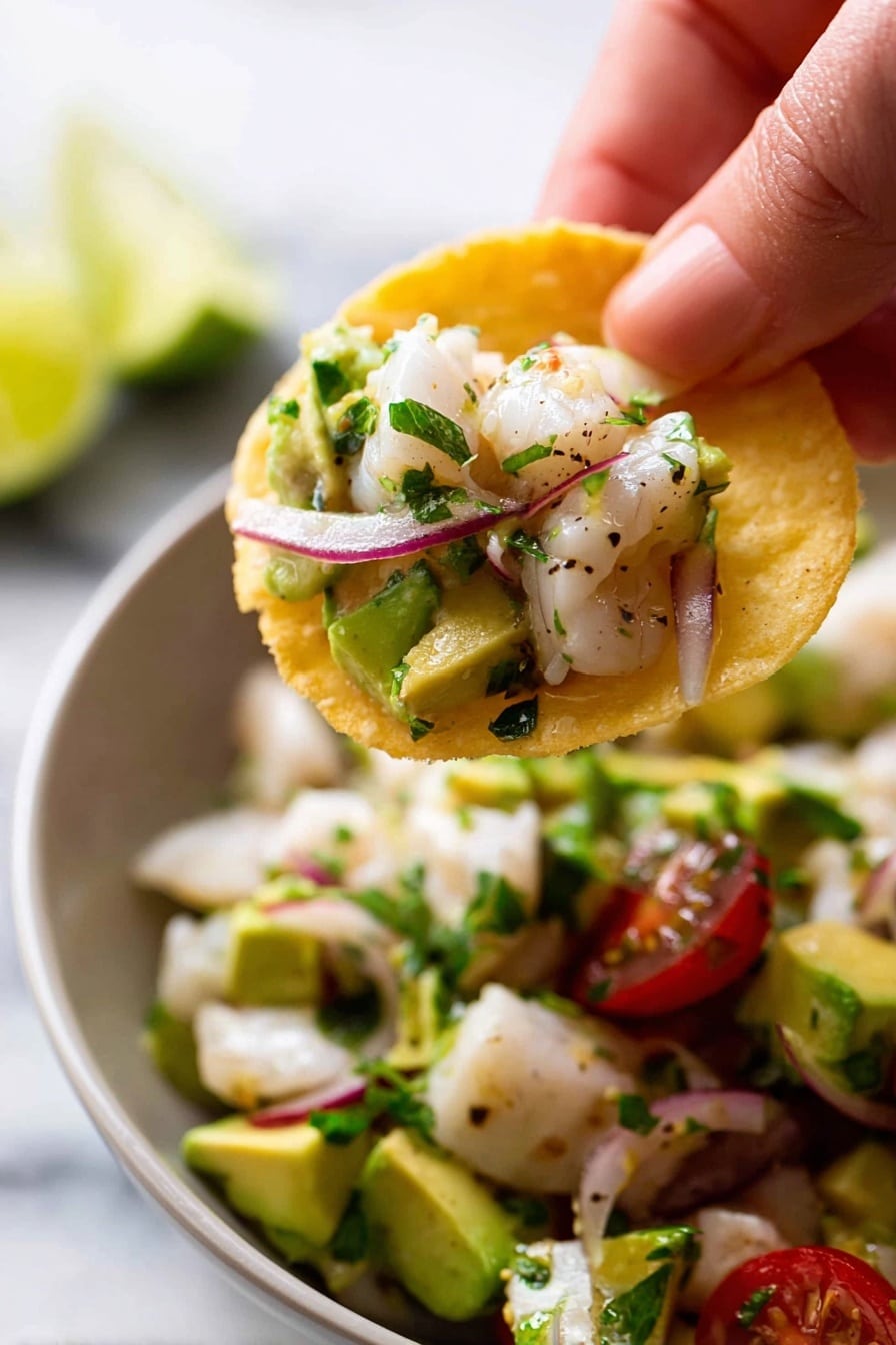 A black bowl holds a fresh mix of diced white fish, bright green avocado chunks, halved red cherry tomatoes, and thin slices of purple onion, all mixed with green herbs and black pepper specks. Three lime wedges are placed to one side inside the bowl, and a yellow tortilla chip is stuck in the mix. A silver spoon rests inside the bowl. Around the bowl, some whole and broken yellow tortilla chips lie on a white marbled surface, with a white cloth partially visible at the bottom left. Photo taken with an iphone --ar 2:3 --v 7 - Fresh Fish Ceviche with Lime and Avocado, ceviche, seafood appetizer, healthy fish dish, citrus seafood salad
