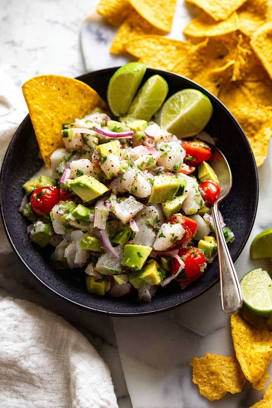 A close-up of a woman's hand holding a yellow round corn chip topped with a fresh ceviche mix. The ceviche layer includes white fish cubes, light green avocado chunks, thin slices of red onion, chopped green herbs, and small black pepper pieces, all mixed together. The chip is held above a white bowl filled with more ceviche containing similar ingredients, with some halved cherry tomatoes and green lime wedges scattered around. The background is white marbled texture. Photo taken with an iphone --ar 2:3 --v 7 - Fresh Fish Ceviche with Lime and Avocado, ceviche, seafood appetizer, healthy fish dish, citrus seafood salad