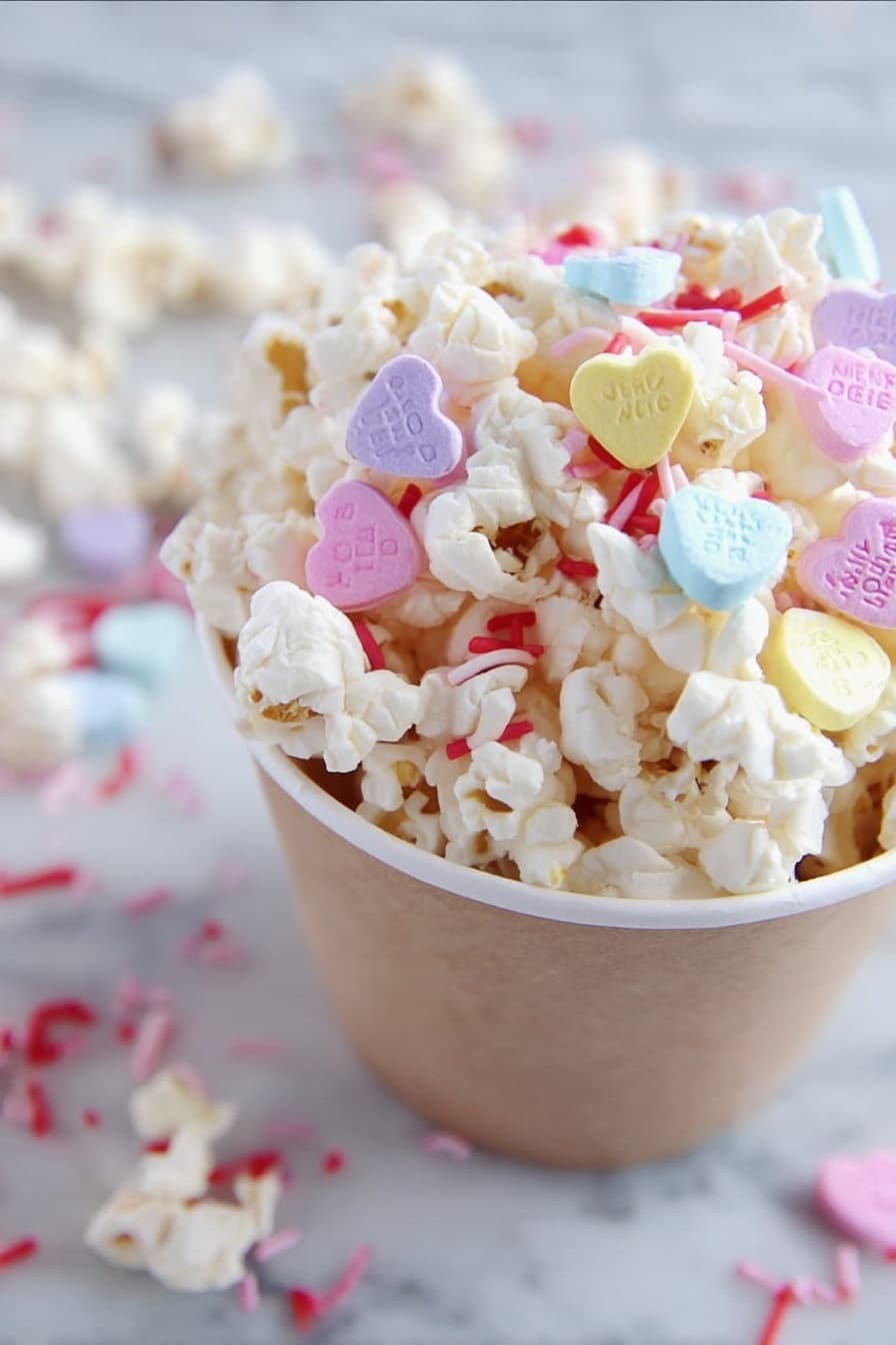 A white bowl filled with a large pile of white popcorn. Scattered on top and mixed in are small pastel-colored heart-shaped candies in yellow, purple, mint green, and pink, each with red words printed on them. Bright pink cylindrical sprinkles are sprinkled evenly over the popcorn and candies. The scene is set on a white marbled surface. photo taken with an iphone --ar 2:3 --v 7 - White Chocolate Valentine’s Popcorn, Valentine’s Day popcorn, white chocolate popcorn, festive popcorn treats, easy Valentine's Day dessert