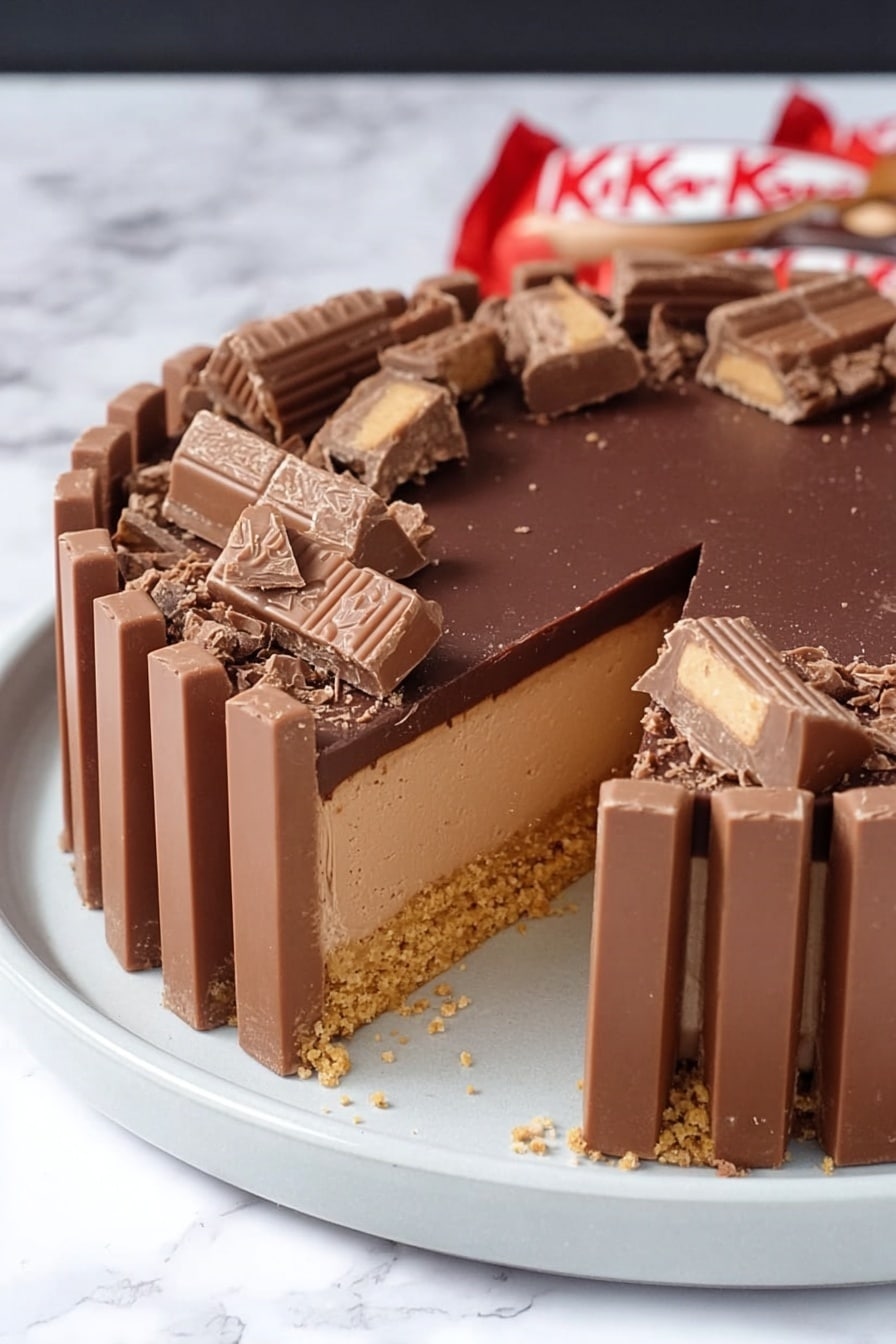 The image shows a round chocolate dessert with four visible layers. The bottom layer is a light tan crumbly crust. Above it is a thick, smooth milk chocolate layer with a creamy texture. The third layer is a dark chocolate topping that looks firm and shiny. The dessert is surrounded by vertical milk chocolate KitKat bars, neatly lined up around the edge. On top, scattered small chunks of KitKat bars are placed as decoration. The dessert is on a simple white plate, placed on a white marbled surface. Photo taken with an iphone --ar 2:3 --v 7 - No-Bake KitKat Cheesecake, chocolate cheesecake recipe, no-bake dessert, easy cheesecake with KitKats, quick chocolate dessert