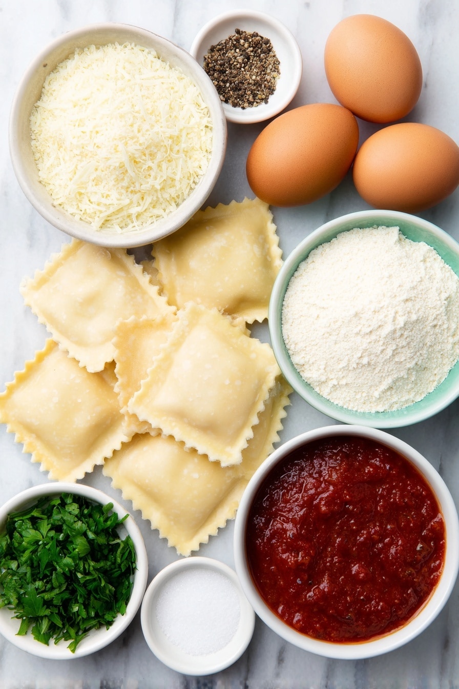 Flat lay of fresh refrigerated square ravioli pasta, two large whole brown eggs with clean shells, small white ceramic bowl of Italian seasoned Panko breadcrumbs, small white ceramic bowl of finely grated Parmesan cheese, small white ceramic bowl of bright red marinara sauce, small white ceramic bowl of garlic powder, small white ceramic bowl of coarse salt, small white ceramic bowl of cracked black pepper, a few sprigs of fresh green chopped parsley, all arranged symmetrically and balanced, placed on a clean white marble surface, soft natural light, photo taken with an iPhone, professional food photography style, fresh ingredients, white ceramic bowls, no bottles, no duplicates, no utensils, no packaging --ar 2:3 --v 7 --p m7354615311229779997 - Toasted Ravioli Air Fryer, Air Fryer Toasted Ravioli, Crispy Ravioli Appetizer, Baked Ravioli Snack, Easy Ravioli Recipes