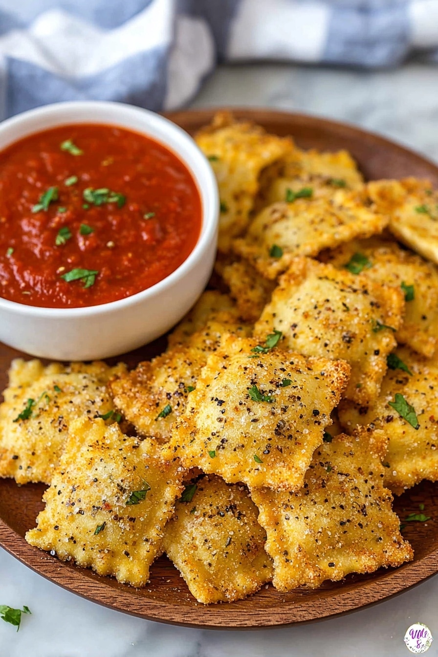 The image shows a white wooden plate piled high with crispy golden brown ravioli, each piece square-shaped with a crunchy textured coating lightly speckled with black pepper and topped with small green parsley bits. Next to the ravioli, there is a white round bowl filled with thick red marinara sauce, garnished with chopped green herbs. The plate rests on a white marbled surface, and a white and blue cloth is softly blurred in the background. photo taken with an iphone --ar 2:3 --v 7 - Toasted Ravioli Air Fryer, Air Fryer Toasted Ravioli, Crispy Ravioli Appetizer, Baked Ravioli Snack, Easy Ravioli Recipes