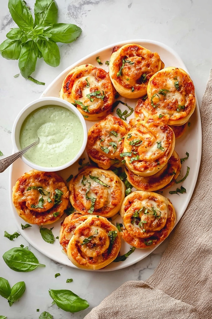 The image shows a white triangular plate filled with ten golden-brown pizza rolls. Each roll has a spiral shape with visible layers of a soft, light dough and a bright orange-red tomato sauce inside, topped with melted cheese and scattered fresh green basil leaves. On the lower left corner of the plate, there is a small white bowl of light green creamy sauce with a spoon inside. Fresh basil leaves are scattered around the plate on a white marbled surface, with a beige cloth partially visible on the right side. Photo taken with an iphone --ar 2:3 --v 7 - Pepperoni Pizza Pinwheels, easy pizza pinwheels, cheesy appetizer recipes, game day snacks, kid-friendly pizza snacks