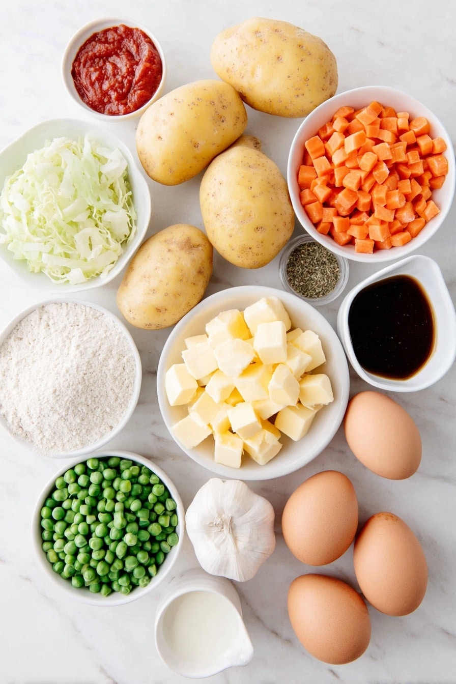 Flat lay of two whole Yukon gold potatoes with smooth yellow skins, a small pile of chopped pale green Savoy cabbage leaves, a few slender sliced pale green leeks, one whole uncracked brown egg, a small white ceramic bowl of rich creamy whole milk, a small white ceramic bowl of golden Irish butter cubes, a small mound of diced bright orange carrots, a handful of chopped fresh green celery stalks, a small pile of diced white onion, a small white ceramic bowl of bright red tomato paste, a small white ceramic bowl of golden brown Worcestershire sauce, a small white ceramic bowl of dark ruby dry sherry, a small white ceramic bowl of deep brown beef stock, a small heap of fresh green peas, a small white ceramic bowl of pale beige all-purpose flour, a small white ceramic bowl of dried thyme leaves, a small white ceramic bowl of vibrant red paprika powder, a few garlic cloves with white papery skins, and two whole uncracked brown eggs, placed on a clean white marble surface, soft natural light, photo taken with an iPhone, professional food photography style, fresh ingredients, white ceramic bowls, no bottles, no duplicates, no utensils, no packaging --ar 2:3 --v 7 --p m7354615311229779997 - Irish Shepherd’s Pie with Colcannon Mashed Potatoes, Irish Shepherd’s Pie, hearty Irish savory pie, traditional Irish comfort food, shepherd’s pie with colcannon mash