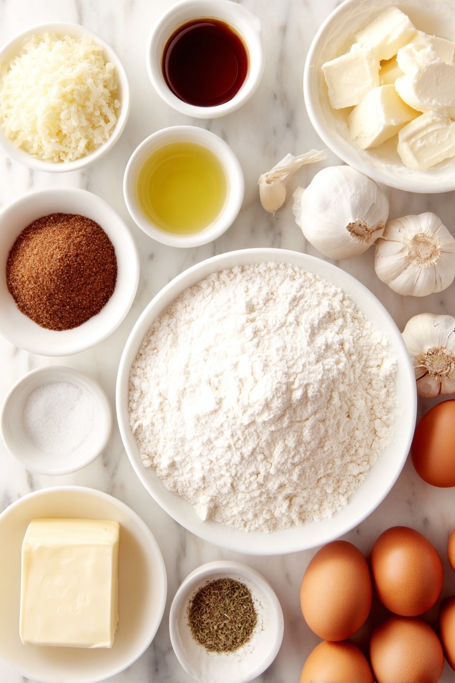 Flat lay of a small bowl of warm water, a small pile of brown sugar, a small heap of instant yeast granules, a mound of all purpose flour, a small pinch of salt crystals, a few tablespoons of melted unsalted butter in a small white bowl, a small white bowl of olive oil, a small heap of baking soda crystals, four whole uncracked brown garlic bulbs separated into fresh cloves, a small white bowl of minced garlic, a small white bowl of dried parsley flakes, a small white bowl of grated parmesan cheese, and several whole uncracked brown eggs, all arranged symmetrically on simple white ceramic dishes and bowls, placed on a clean white marble surface, soft natural light, photo taken with an iPhone, professional food photography style, fresh ingredients, white ceramic bowls, no bottles, no duplicates, no utensils, no packaging --ar 2:3 --v 7 --p m7354615311229779997 - Garlic Parmesan Pretzels, garlic parmesan pretzels recipe, homemade pretzels with garlic and Parmesan, easy garlic pretzel snacks, cheesy garlic pretzels