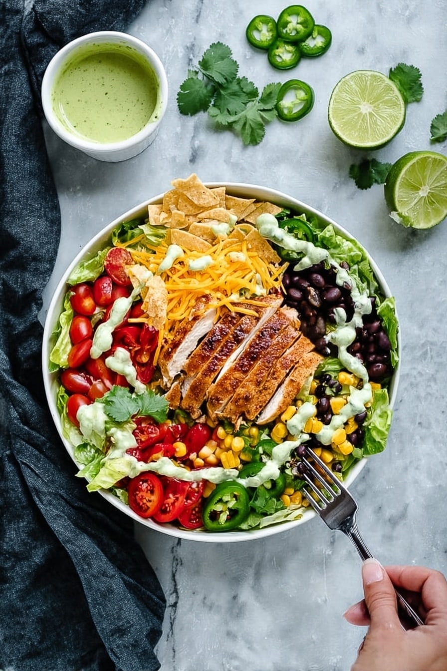 A white bowl filled with a colorful layered salad placed on a white marbled surface; the bottom layer shows fresh green lettuce leaves, topped with bright red cherry tomatoes, black beans mixed with yellow corn, sliced red bell peppers, black olive slices, and shredded yellow and white cheese spread around the edges. In the center, there is a piece of golden brown grilled chicken sliced neatly into strips. On top of the salad, there are dollops of white sauce and green guacamole, some tortilla strips, and fresh cilantro leaves scattered for garnish. Lime wedges sit on the side of the bowl. A woman's hand holding a fork approaches from the right, with sliced green jalapeño pieces nearby. A small white bowl containing green dressing rests on a dark cloth in the top left corner. photo taken with an iphone --ar 2:3 --v 7 - Southwest Chicken Salad with Cilantro Lime Dressing, southwest chicken salad, cilantro lime dressing recipe, healthy Southwest salad, easy chicken salad