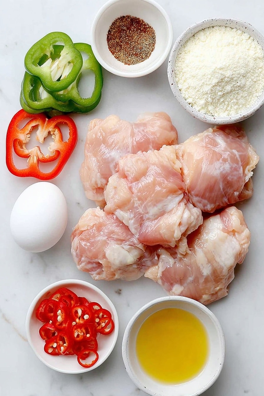 Flat lay of boneless skinless chicken thighs, a whole medium egg with a clean shell, a small pile of fine white cornflour, a medium white onion thinly sliced, half a red bell pepper thinly sliced, half a green bell pepper thinly sliced, two whole cloves of garlic, two red birds eye chillies thinly sliced, two spring onions thinly sliced, a few whole grains of flaky sea salt, a small white ceramic bowl with sesame oil, a small white ceramic bowl with vegetable oil, another small white ceramic bowl holding a mix of Chinese 5 spice powder, white pepper, and fine salt placed on a clean white marble surface, soft natural light, photo taken with an iPhone, professional food photography style, fresh ingredients, white ceramic bowls, no bottles, no duplicates, no utensils, no packaging --ar 2:3 --v 7 --p m7354615311229779997 - Salt and Chili Crispy Chicken, crispy chili chicken recipe, spicy crispy chicken, Asian fried chicken, easy flavorful chicken dinner