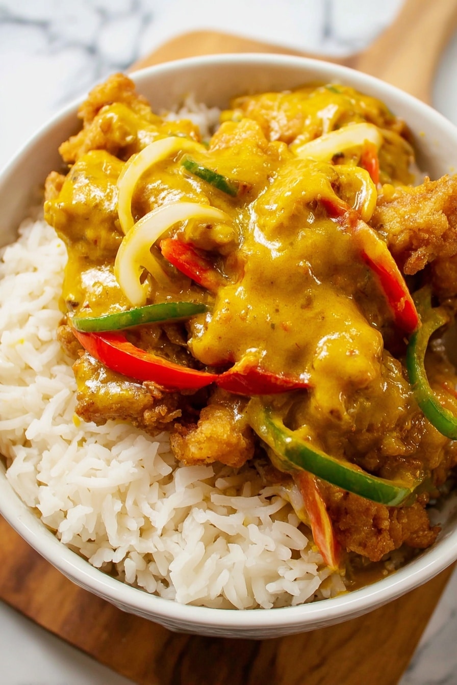 A white bowl filled with two main layers: the bottom layer is white rice with long, thin grains, soft in texture, filling half of the bowl; the top layer covers the rice and is made of golden-brown fried pieces, likely chicken, coated in a thick, smooth, yellow curry sauce with a glossy surface. Mixed within the sauce are thin slices of green and red bell peppers and translucent white onions, adding color contrast and texture. The bowl is placed on a wooden surface with a white marbled texture background. The photo taken with an iphone --ar 2:3 --v 7 - Salt and Chili Crispy Chicken, crispy chili chicken recipe, spicy crispy chicken, Asian fried chicken, easy flavorful chicken dinner