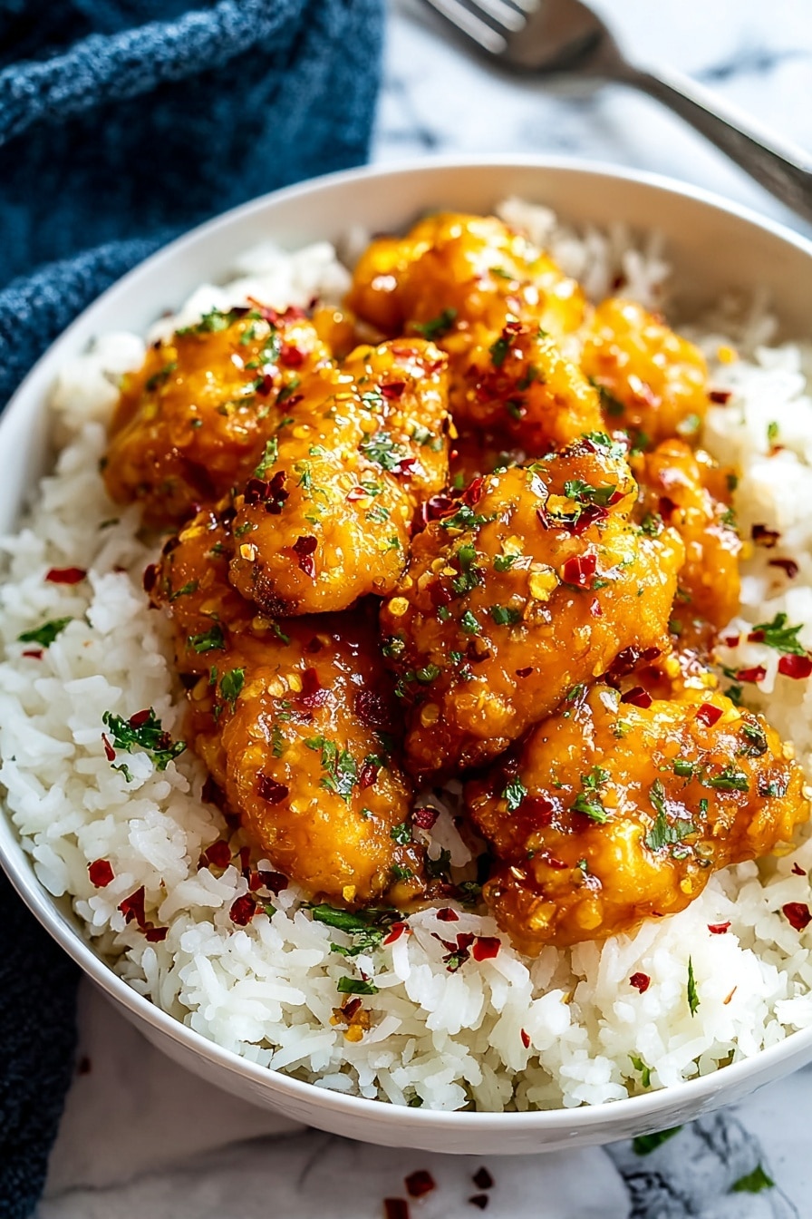 A white bowl filled with a base layer of plain white rice, topped with several pieces of golden-brown chicken coated in a glossy orange sauce. The chicken pieces have a slightly crispy texture with a shiny glaze, sprinkled generously with finely chopped green herbs and red chili flakes. The dish sits on a white marbled surface, with part of a dark blue fabric and a metal fork visible in the background. The lighting highlights the moisture and color contrast between the rice and the chicken, giving a fresh and appetizing look photo taken with an iphone --ar 2:3 --v 7 - Honey Garlic Chicken Thighs, Honey Garlic Chicken Thighs recipe, Easy chicken dinner ideas, Quick weeknight chicken, Juicy chicken thigh recipes