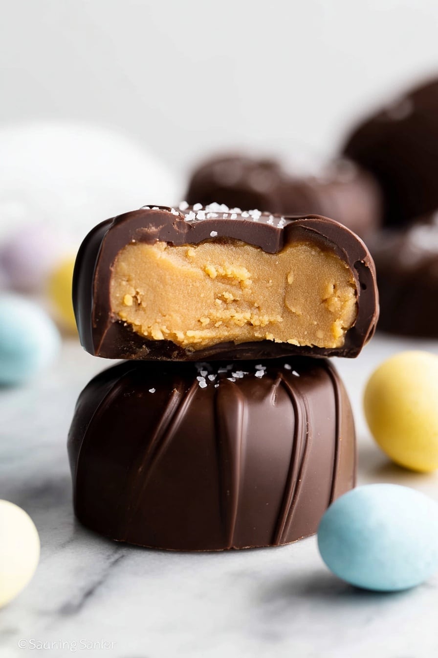 The image shows a close-up of a two-layer chocolate candy on a white marbled surface. The bottom layer is a smooth dark brown chocolate shell with gentle rippled lines. On top of it is a second candy with the upper half bitten off, revealing a dense, crumbly light tan filling inside. The chocolate coating on this top piece is thick and shiny with wavy lines on the surface and small white flakes sprinkled on top. Around the candies, there are small, smooth, pastel-colored egg-shaped candies in blue, white, and yellow. The background is clean and softly blurred, emphasizing the rich texture and detail of the chocolate candies. photo taken with an iphone --ar 2:3 --v 7 - Easter Egg Peanut Butter Candies, peanut butter chocolate treats, spring holiday candies, bite-sized Easter desserts, homemade peanut butter candies