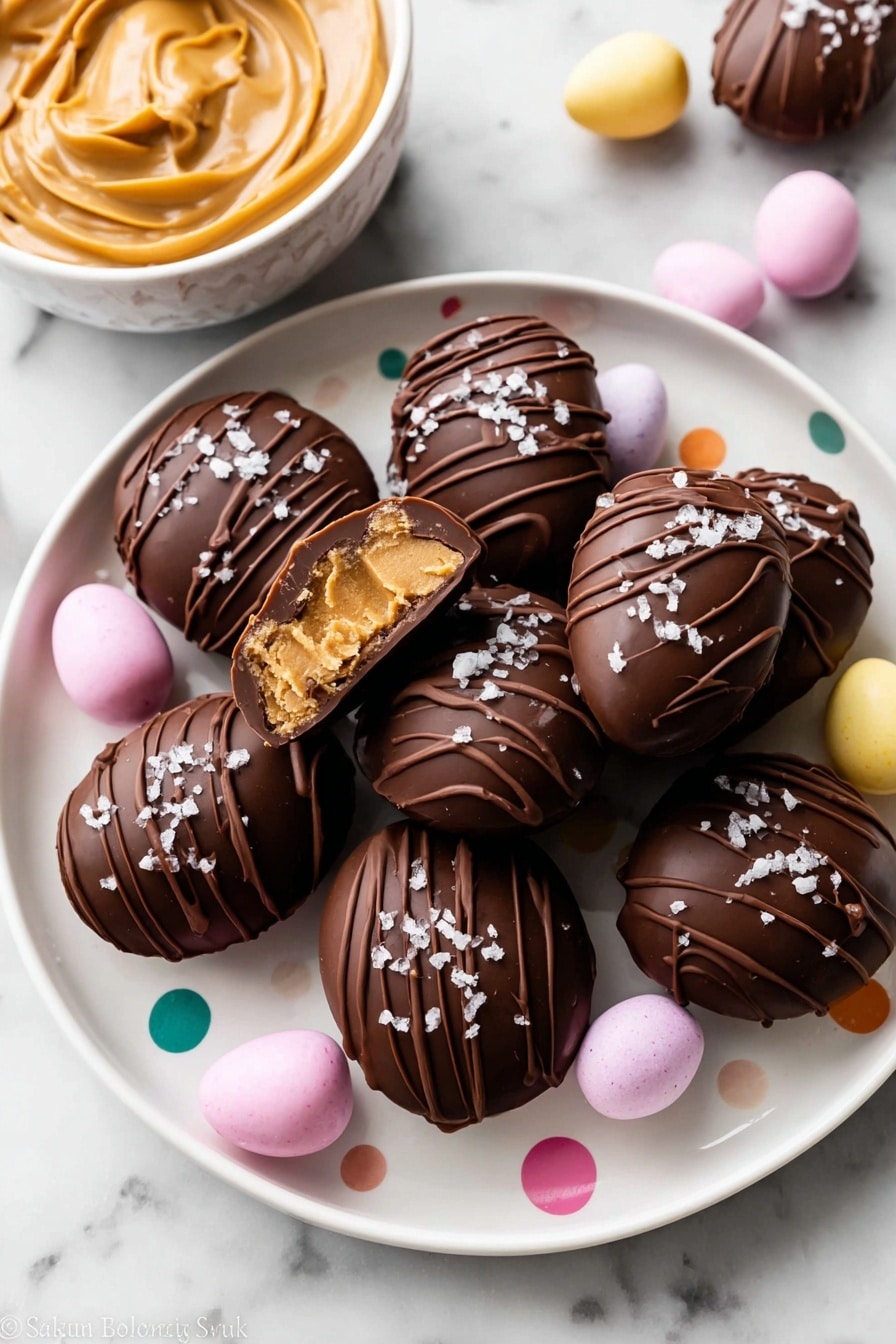 A white plate with colorful polka dots is filled with dark chocolate eggs, each decorated with thin dark chocolate stripes and small flakes of sea salt on top. The eggs have a smooth and shiny texture, some stacked over others, showing three layers: the dark chocolate outside, a creamy light brown peanut butter filling inside, and a soft cake-like center. One of the eggs on the edge is bitten, revealing these inner layers clearly. Around the plate are small pastel-colored candy eggs in light yellow, pink, and white. In the background on a white marbled surface, there is a white bowl filled with creamy light brown peanut butter with smooth swirls. Photo taken with an iphone --ar 2:3 --v 7 - Easter Egg Peanut Butter Candies, peanut butter chocolate treats, spring holiday candies, bite-sized Easter desserts, homemade peanut butter candies