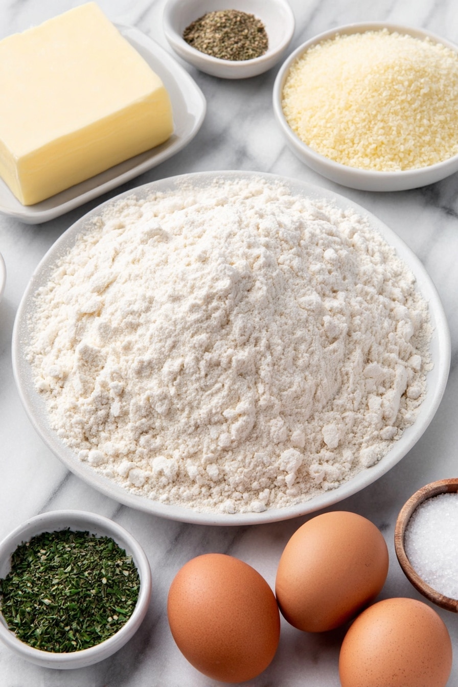 Flat lay of a small mound of fine bread flour on a white ceramic plate, two whole uncracked brown eggs, a small white ceramic bowl of warm water, a small white ceramic bowl of granulated sugar, a small white ceramic bowl of melted butter with a silky texture, a small pile of fine salt crystals on a white ceramic dish, a small white ceramic bowl with light beige instant yeast granules, a small white ceramic bowl of garlic powder, and a small white ceramic bowl of dried parsley flakes, all arranged in perfect symmetry and balanced proportions, placed on a clean white marble surface, soft natural light, photo taken with an iPhone, professional food photography style, fresh ingredients, white ceramic bowls, no bottles, no duplicates, no utensils, no packaging --ar 2:3 --v 7 --p m7354615311229779997 - Homemade Soft Breadsticks with Garlic Butter, soft breadstick recipe, easy garlic breadsticks, homemade breadsticks, garlic butter breadsticks