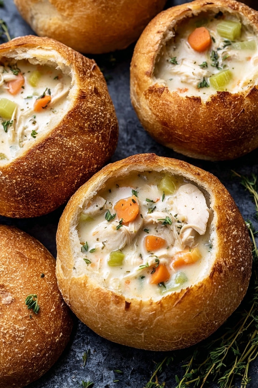 The image shows four round brown bread bowls with a crispy outer crust and soft interior, each filled with creamy, light beige chicken soup. The soup has visible chunks of cooked white chicken pieces, orange carrot slices, light green celery, and small herbs, floating in a thick creamy broth. Two bread bowl lids are resting nearby, showing the soft white inside of the bread. The bread bowls and lids are placed on a dark textured surface with sprigs of fresh thyme scattered around. photo taken with an iphone --ar 2:3 --v 7 - Homemade Bread Bowls, bread bowls for soup, homemade bread recipes, crispy crust bread bowls, how to make bread bowls