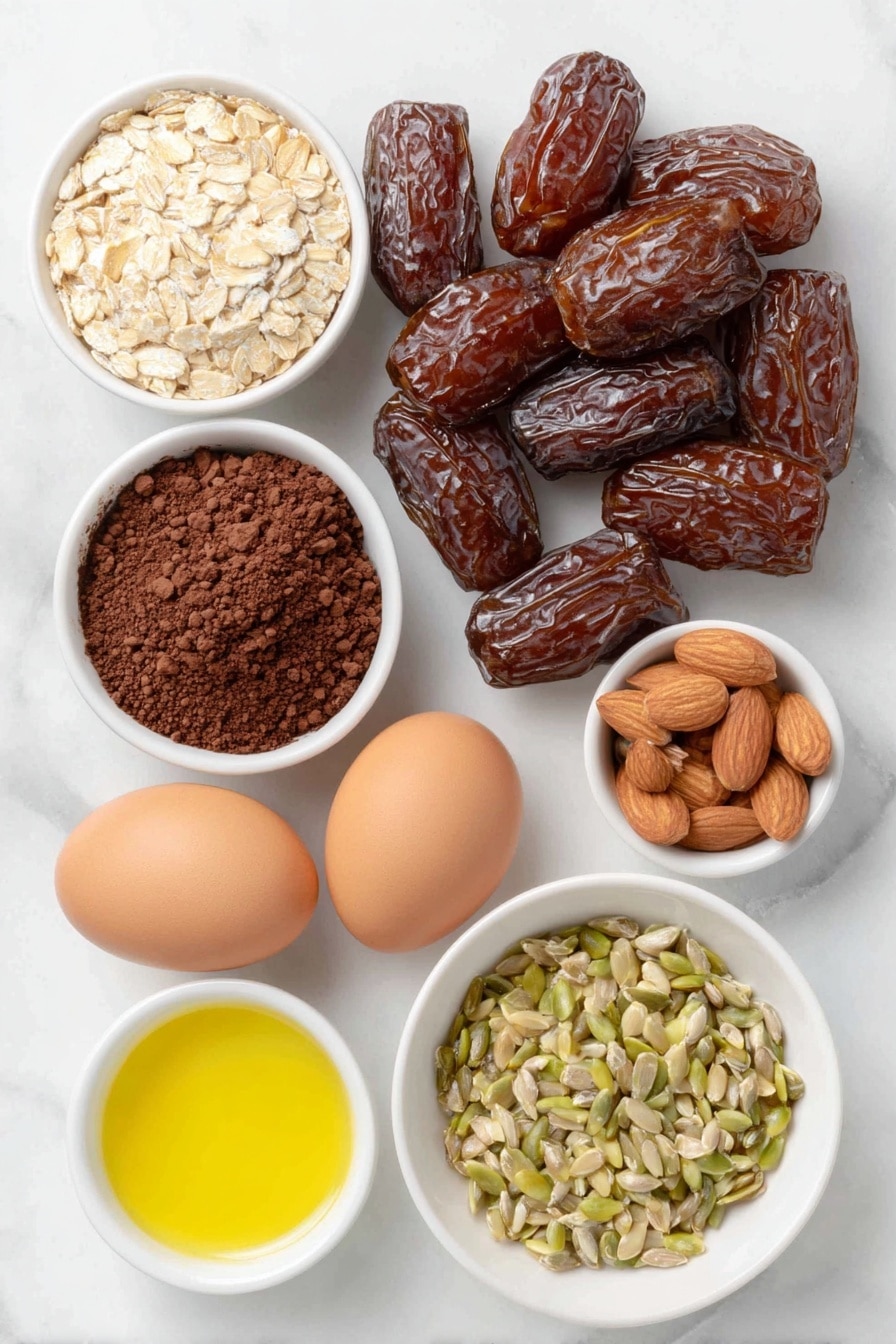 Flat lay of fresh Medjool dates with glossy, wrinkled skin, a few whole almonds with rich brown skins, raw sunflower seeds in their natural beige tones, a small white bowl filled with velvety dark brown cocoa powder, whole uncracked brown eggs with smooth shells, finely chopped semi-sweet chocolate pieces with a deep glossy finish in a white ceramic bowl, a small white bowl holding pure vanilla extract liquid, and a small white bowl containing golden vegetable oil, all arranged in perfect symmetry on a clean white marble surface, soft natural light, photo taken with an iPhone, professional food photography style, fresh ingredients, white ceramic bowls, no bottles, no duplicates, no utensils, no packaging --ar 2:3 --v 7 --p m7354615311229779997 - Healthy Chocolate Date Almond Truffles, healthy chocolate truffles, guilt-free dessert recipes, natural ingredient truffles, homemade healthy treats