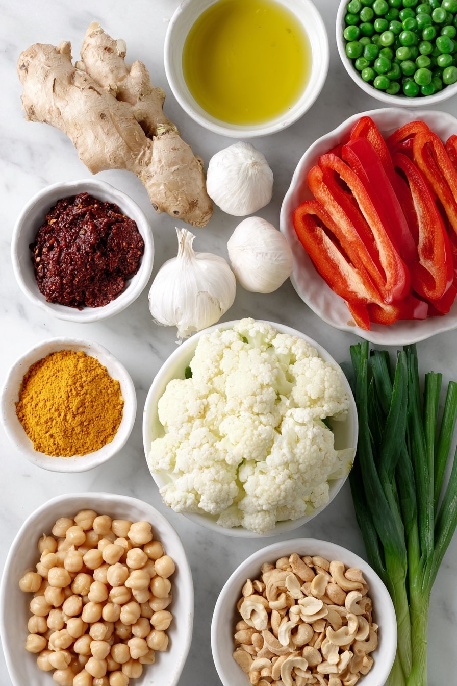 Flat lay of a small white ceramic bowl of golden coconut oil, three whole garlic cloves with unbroken skins, a small pile of freshly grated ginger root, a large fresh carrot thinly sliced, a small head of cauliflower broken into white florets, a bunch of green onions with green and white parts diced, a small white bowl filled with smooth creamy peanut butter, a small white bowl filled with vibrant red curry paste, a small white bowl of bright yellow ground turmeric powder, a small white bowl of deep red cayenne pepper powder, a small white bowl of fine salt, a fresh red bell pepper cut into thin julienne strips, a small white bowl of frozen green peas, a white bowl filled with rinsed and drained chickpeas, fresh sprigs of cilantro, additional diced green onion slices, and a small white ceramic bowl with chopped peanuts and cashews all arranged symmetrically and balanced, placed on a clean white marble surface, soft natural light, photo taken with an iPhone, professional food photography style, fresh ingredients, white ceramic bowls, no bottles, no duplicates, no utensils, no packaging --ar 2:3 --v 7 --p m7354615311229779997 - Thai Peanut Coconut Cauliflower Curry, Thai cauliflower curry, vegan cauliflower curry, coconut cauliflower stir-fry, quick plant-based Thai curry