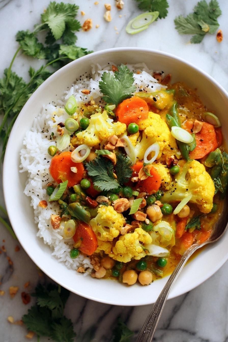 A white bowl filled with a colorful vegetable curry layered over white rice; the bottom layer is soft white rice, topped with a thick orange-yellow curry containing bright yellow cauliflower florets, round orange carrot slices, green peas, chickpeas, and chunks of green vegetables. The curry is garnished with fresh green cilantro leaves, thin slices of light green spring onions, and sprinkled with pieces of chopped nuts and black pepper. A silver spoon rests on the side inside the bowl, all set on a white marbled surface with fresh cilantro leaves nearby. Photo taken with an iphone --ar 2:3 --v 7 - Thai Peanut Coconut Cauliflower Curry, Thai cauliflower curry, vegan cauliflower curry, coconut cauliflower stir-fry, quick plant-based Thai curry