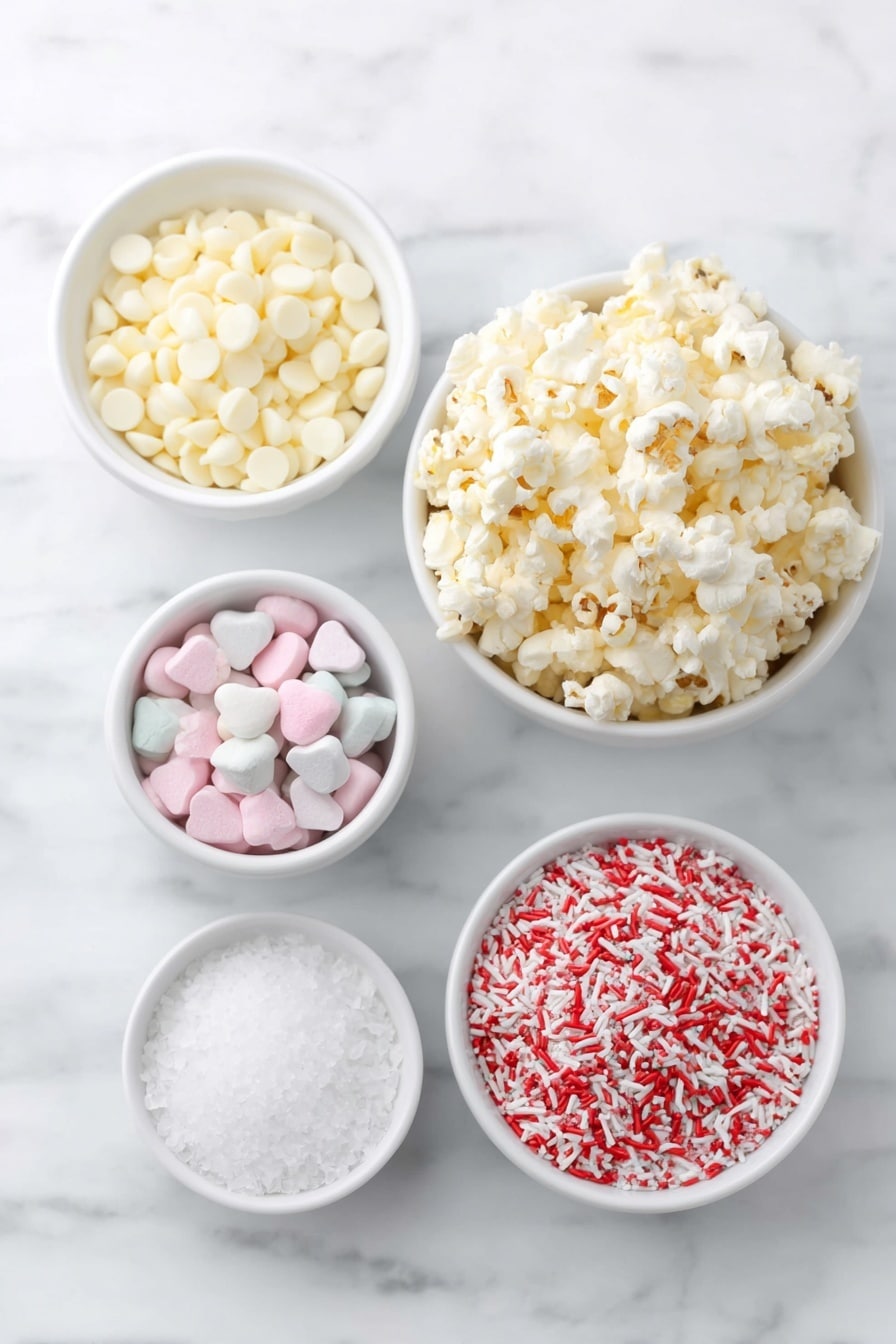Flat lay of popped popcorn fluffy and golden, a small white ceramic bowl filled with smooth white chocolate chips, a few bright pastel conversation heart candies scattered loosely, a small white ceramic bowl of vibrant red and pink Valentine-themed sprinkles, and a tiny white ceramic bowl holding coarse flaked sea salt crystals, all arranged with perfect symmetry on a clean white marble surface, soft natural light, photo taken with an iPhone, professional food photography style, fresh ingredients, white ceramic bowls, no bottles, no duplicates, no utensils, no packaging --ar 2:3 --v 7 --p m7354615311229779997 - White Chocolate Valentine’s Popcorn, Valentine’s Day popcorn, white chocolate popcorn, festive popcorn treats, easy Valentine's Day dessert