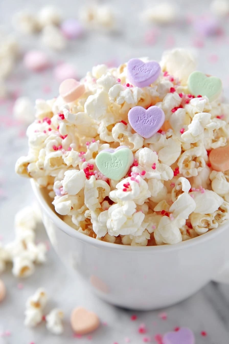 A close-up view of a paper cup filled with white popcorn, decorated with small pastel-colored candy hearts in pink, yellow, blue, and purple, each with a short phrase printed on it, scattered among red and pink thin sprinkles; the background shows a few popcorn pieces and sprinkles blurred softly on a white marbled surface. Photo taken with an iphone --ar 2:3 --v 7 - White Chocolate Valentine’s Popcorn, Valentine’s Day popcorn, white chocolate popcorn, festive popcorn treats, easy Valentine's Day dessert