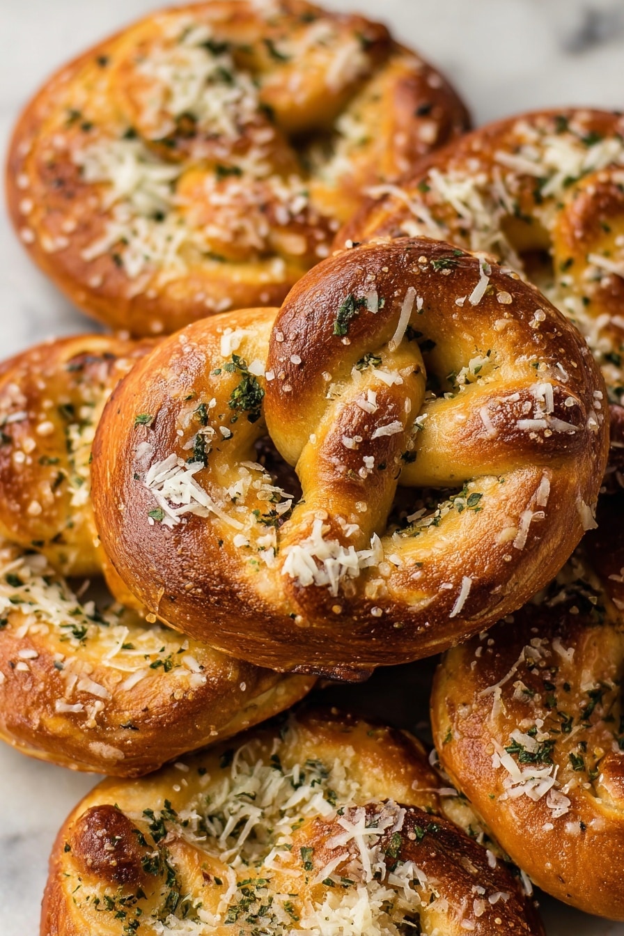 A pile of golden brown pretzels with a shiny, baked texture are stacked closely together on a white marbled surface. Each pretzel has a twisted shape with a slightly crispy crust, sprinkled generously with finely shredded white cheese and small green herb bits scattered on top. The cheese and herbs rest unevenly across the pretzels, giving a fresh and savory look. The light reflects softly off the shiny dough, highlighting the warm tones of the baked pretzels photo taken with an iphone --ar 2:3 --v 7 - Garlic Parmesan Pretzels, garlic parmesan pretzels recipe, homemade pretzels with garlic and Parmesan, easy garlic pretzel snacks, cheesy garlic pretzels