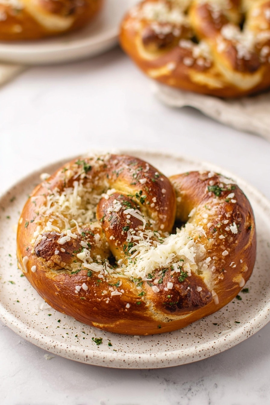 A shiny, golden brown pretzel with a twisted shape sits in the center of a white speckled plate. The pretzel is topped with finely grated white cheese and small green herb bits scattered evenly across the surface. The texture of the pretzel looks soft yet slightly crusty on the outside, and it contrasts with the smooth, white marbled background. Some more pretzels are blurred in the background on a white marbled surface, enhancing the focus on the single pretzel in the foreground. photo taken with an iphone --ar 2:3 --v 7 - Garlic Parmesan Pretzels, garlic parmesan pretzels recipe, homemade pretzels with garlic and Parmesan, easy garlic pretzel snacks, cheesy garlic pretzels