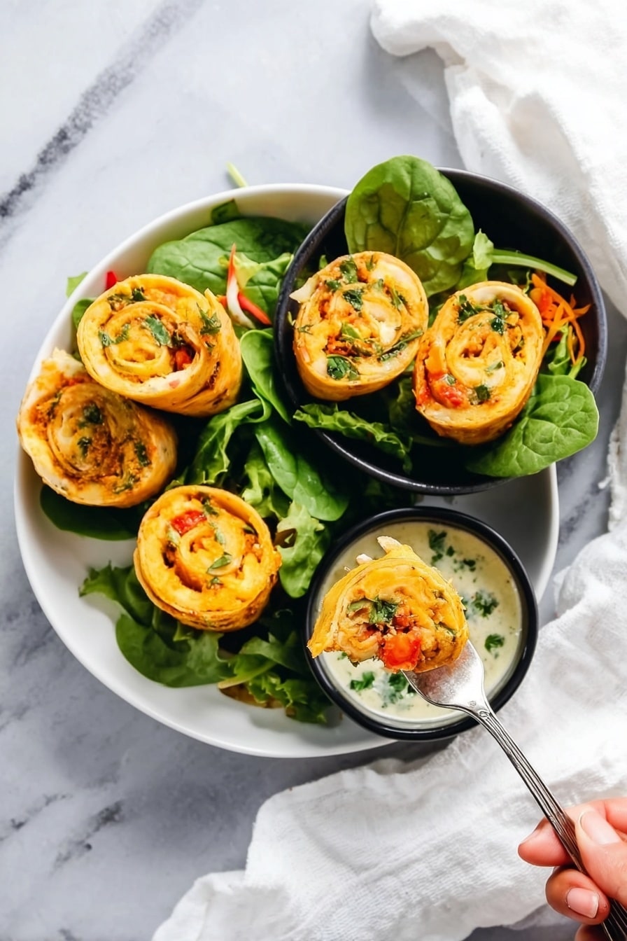 The image shows a white plate full of rolled wraps, each cut into pinwheel shapes, with three visible layers: a soft brown tortilla outer layer, a bright orange melted cheese middle layer, and a light yellow scrambled egg inner layer. Small pieces of green herbs are scattered inside the wraps, adding color contrast. The wraps are neatly arranged in a circle on the plate, with some green leafy garnish underneath. The background features a white marbled surface, adding a clean and bright look. Photo taken with an iphone --ar 2:3 --v 7 - Cheesy Spicy Cream Cheese Burritos, spicy cheese burritos, easy burrito recipe, flavorful quick snacks, creamy cheesy wraps