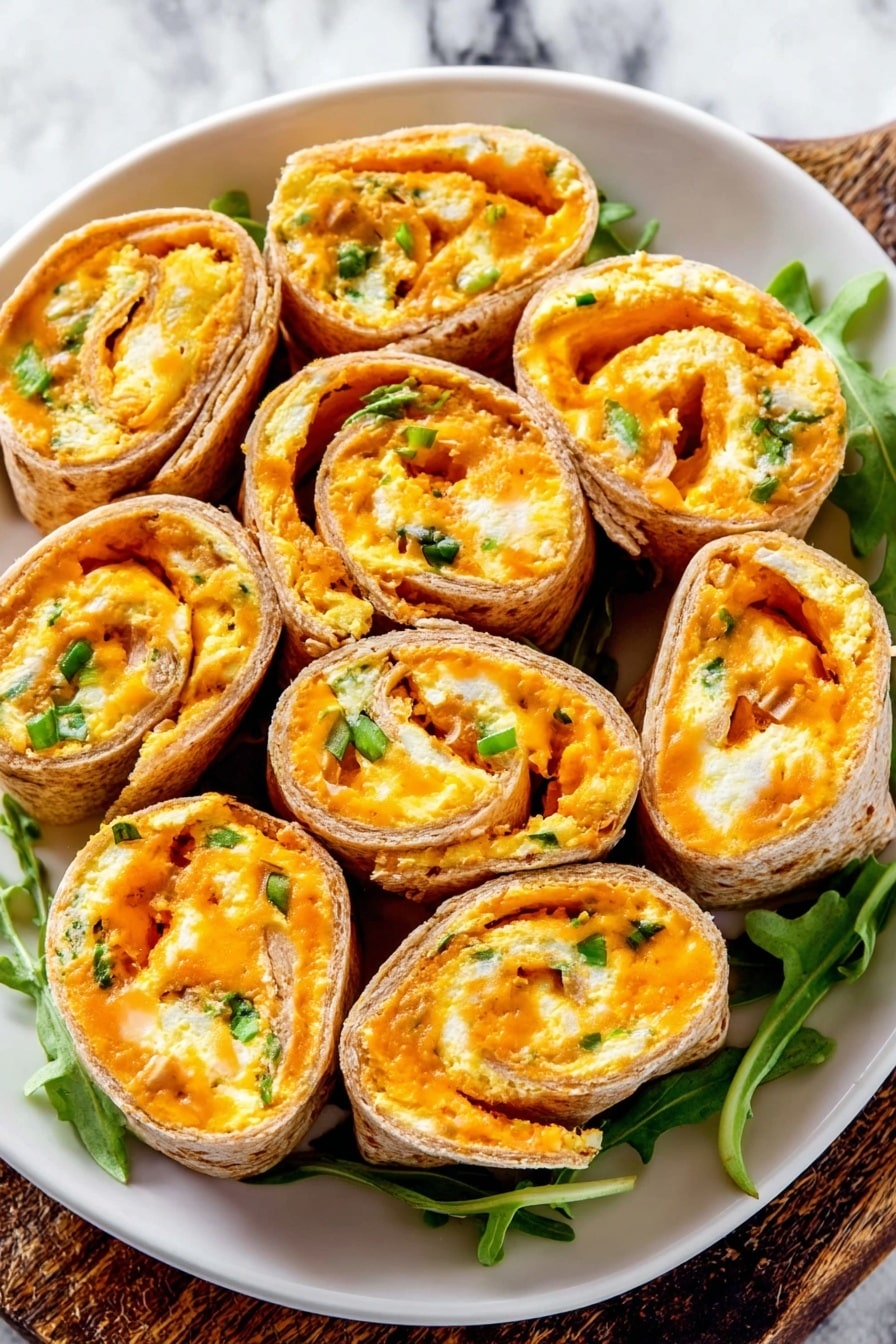 The image shows several small, rolled snacks with a golden-yellow inner layer that looks soft and smooth, swirled tightly inside a thin outer brownish wrap. Each roll has bits of orange and red visible inside, likely cooked vegetables. The rolls are served on a white bowl lined with large green spinach leaves and a white plate with spring mix greens underneath the rolls. A woman's hand holds a silver fork lifting one roll, revealing a creamy white textured sauce with green herbs underneath it. Next to the plate is a small black bowl filled with the same creamy sauce and green herbs. The background is a white marbled texture with a white cloth partially spread. Photo taken with an iphone --ar 2:3 --v 7 - Cheesy Spicy Cream Cheese Burritos, spicy cheese burritos, easy burrito recipe, flavorful quick snacks, creamy cheesy wraps