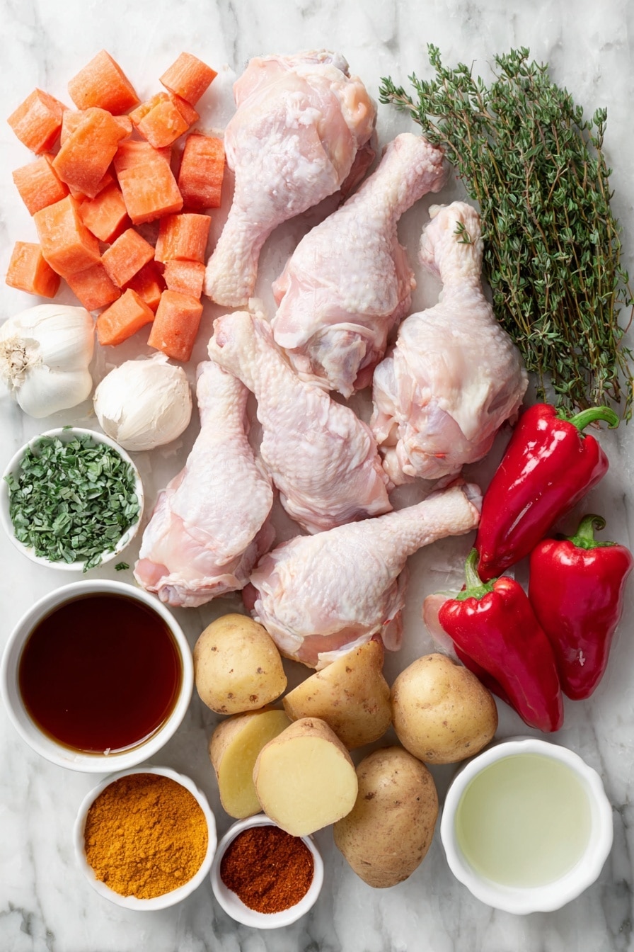 Flat lay of fresh raw organic chicken drumsticks and thighs skin removed arranged neatly, a few peeled and cubed russet potatoes, chopped orange carrots, chopped green bell pepper, three whole uncracked garlic cloves, a small bunch of fresh green thyme sprigs, two green onions (scallions) lightly crushed, three whole bright red scotch bonnet peppers, a small mound of golden brown sugar crystals, a small pile of vibrant yellow Jamaican curry powder, a small heap of smoked paprika powder, a small heap of ground allspice, a tiny mound of sea salt crystals, a small mound of black peppercorns, a few bright green minced fresh ginger pieces, a small white ceramic bowl of extra virgin olive oil, a small white ceramic bowl of smooth full-fat coconut milk, a small white ceramic bowl of amber low-sodium organic chicken stock, and a small white ceramic bowl of rich Jamaican pepper sauce, all arranged in perfect symmetry on a clean white marble surface, soft natural light, photo taken with an iPhone, professional food photography style, fresh ingredients, white ceramic bowls, no bottles, no duplicates, no utensils, no packaging --ar 2:3 --v 7 --p m7354615311229779997 - Jamaican Curry Chicken, Jamaican Curry Chicken flavorful recipe, Caribbean spicy chicken dish, easiest Jamaican curry chicken, homemade Jamaican curry chicken