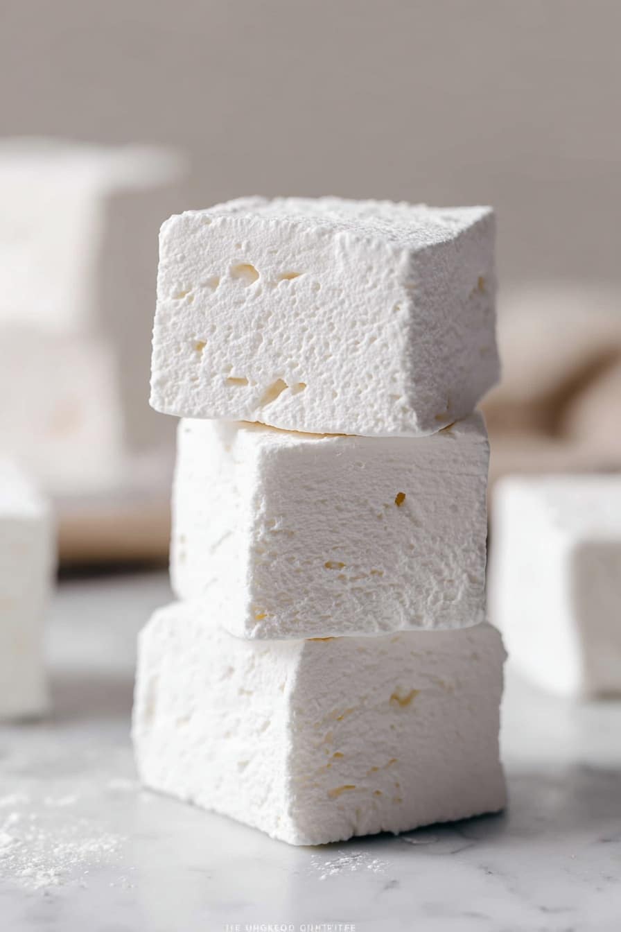 The image shows many white square marshmallows laid out on a white marbled surface. Most marshmallows are still part of a large block with neat grid cuts showing clear edges. A few marshmallows are fully separated and placed randomly at the bottom of the image, showing their soft and powdery texture. The surface and the marshmallows have a light dusting of powdered sugar, adding a slightly rough look to the soft white squares. The whole scene is bright and clean with sharp details of the marshmallows’ fluffy texture. photo taken with an iphone --ar 2:3 --v 7 - Homemade Marshmallows, fluffy marshmallows recipe, easy marshmallows at home, vanilla marshmallow treats, DIY marshmallow tutorial