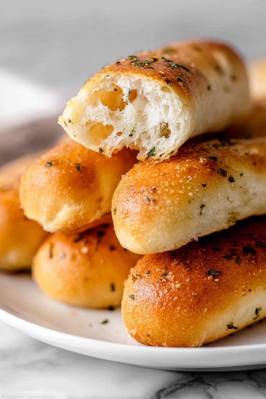 The image shows a close-up of several golden brown breadsticks stacked on a white plate with a white marbled surface in the background. The breadsticks have a shiny, slightly crunchy outer crust sprinkled with small green bits of herbs, while one breadstick at the top is broken in half, showing a soft, fluffy, and airy white inside with a light texture. The warm colors and textures highlight the fresh-baked look of the breadsticks. Photo taken with an iphone --ar 2:3 --v 7 - Homemade Soft Breadsticks with Garlic Butter, soft breadstick recipe, easy garlic breadsticks, homemade breadsticks, garlic butter breadsticks