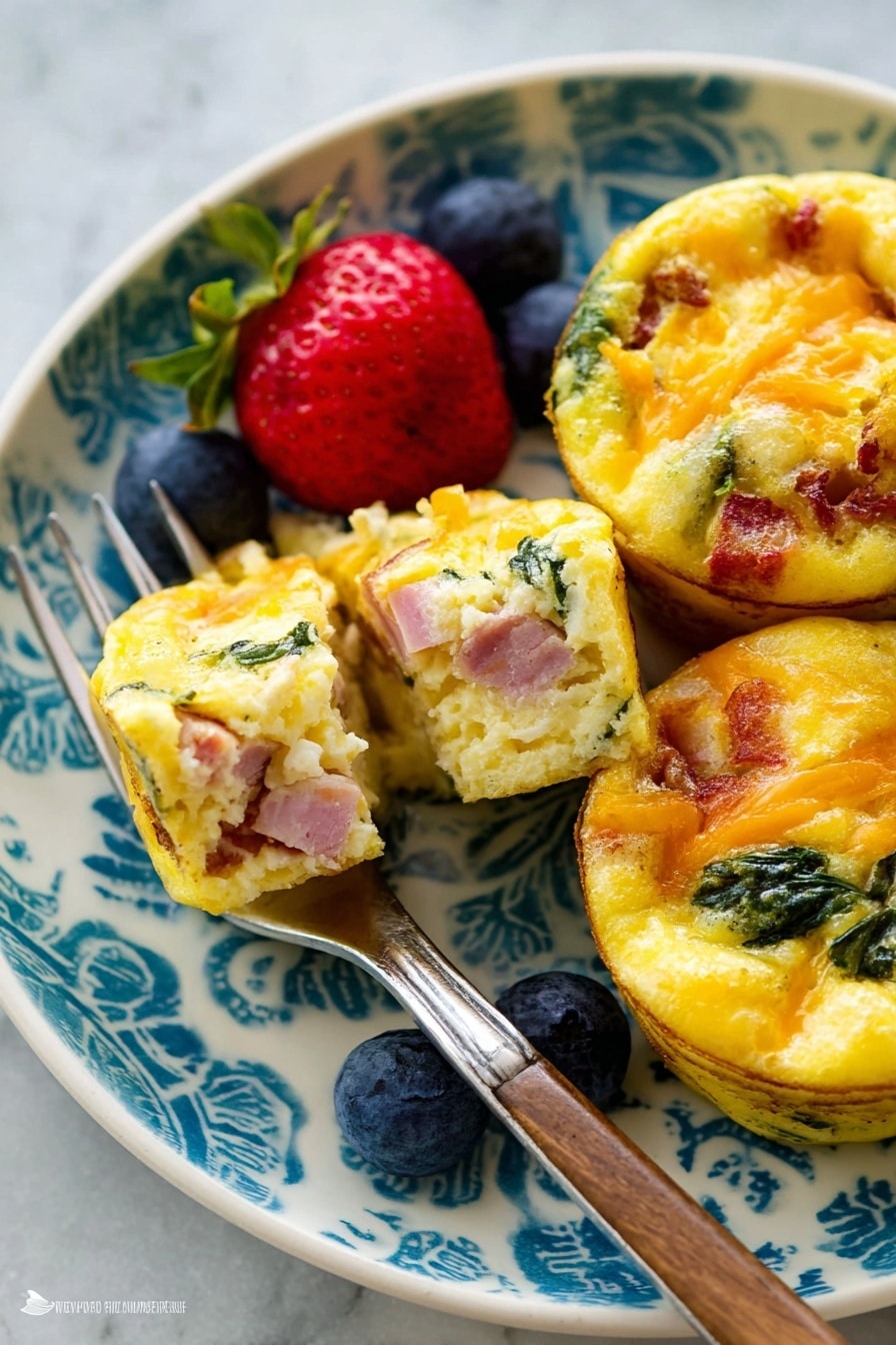 This close-up image shows three small egg muffins on a white plate with a blue patterned design. The first egg muffin is cut in half, revealing layers inside: a yellow cooked egg base mixed with small pieces of pink ham and white cheese bits. The second whole muffin has a bright yellow egg base with visible green spinach, orange shredded cheese, and small bits of ham evenly spread through it, showing a textured and slightly browned top. The third muffin shows a similar layered mix of spinach, cheese, and tomato within the yellow egg. Around the muffins on the plate are a few fresh blueberries and a bright red strawberry with a green stem. A fork with a silver pronged head and a wooden handle is placed next to the muffins. The plate sits on a white marbled surface. Photo taken with an iphone --ar 2:3 --v 7 - Healthy Breakfast Egg Muffins, egg muffins with veggies and cheese, nutritious breakfast ideas, easy breakfast recipes, portable breakfast muffins