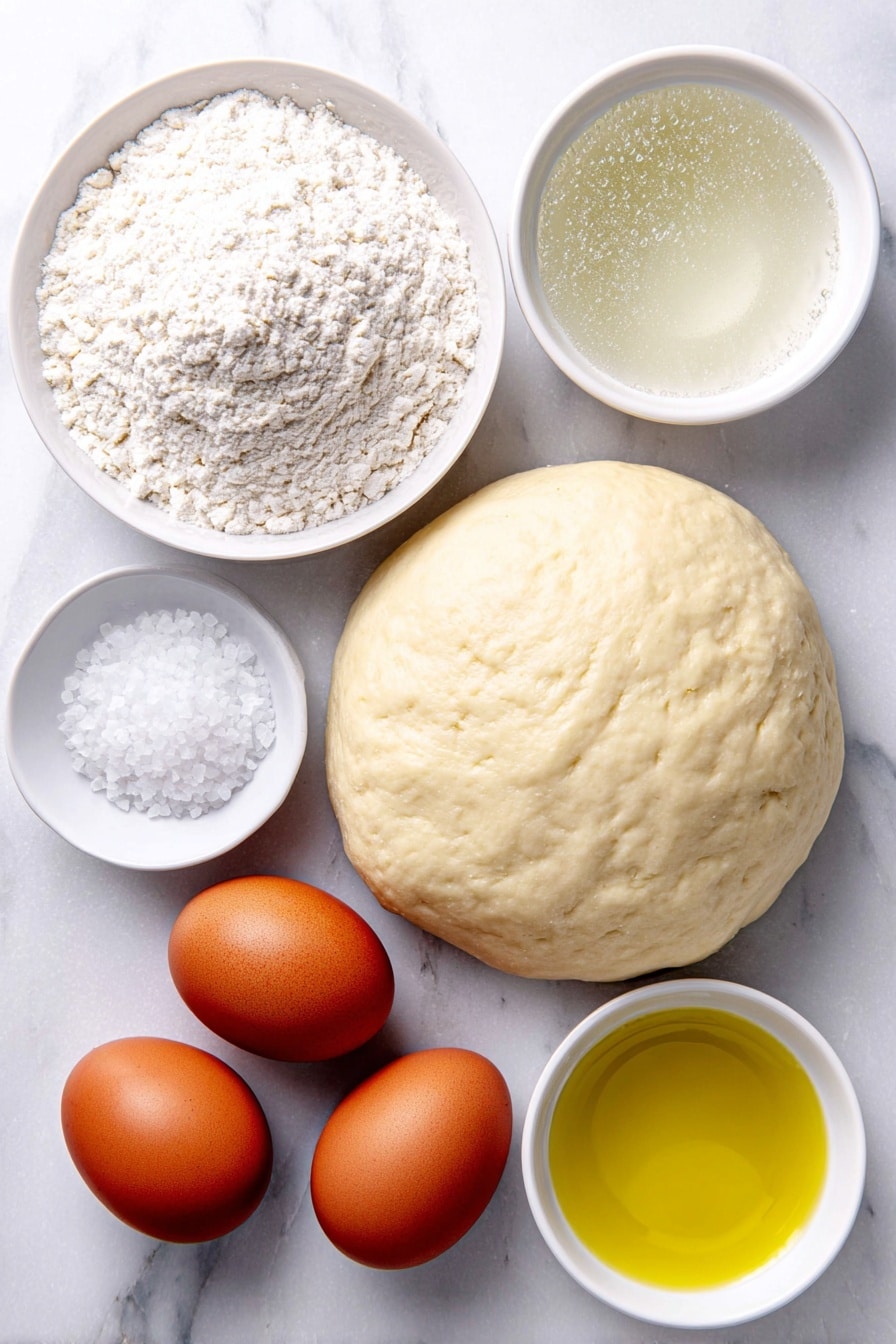 Flat lay of two small piles of pale beige bread flour, a small white ceramic bowl of warm water with a few visible condensation droplets on the ceramic, two whole brown eggs with clean shells, a few granulated sugar crystals scattered neatly nearby, coarse white salt crystals arranged in a small white ceramic bowl, a small white ceramic bowl filled with golden olive oil, and a smooth ball of pale beige bread dough, all placed on a clean white marble surface, soft natural light, photo taken with an iPhone, professional food photography style, fresh ingredients, white ceramic bowls, no bottles, no duplicates, no utensils, no packaging --ar 2:3 --v 7 --p m7354615311229779997 - Homemade Bread Bowls, bread bowls for soup, homemade bread recipes, crispy crust bread bowls, how to make bread bowls