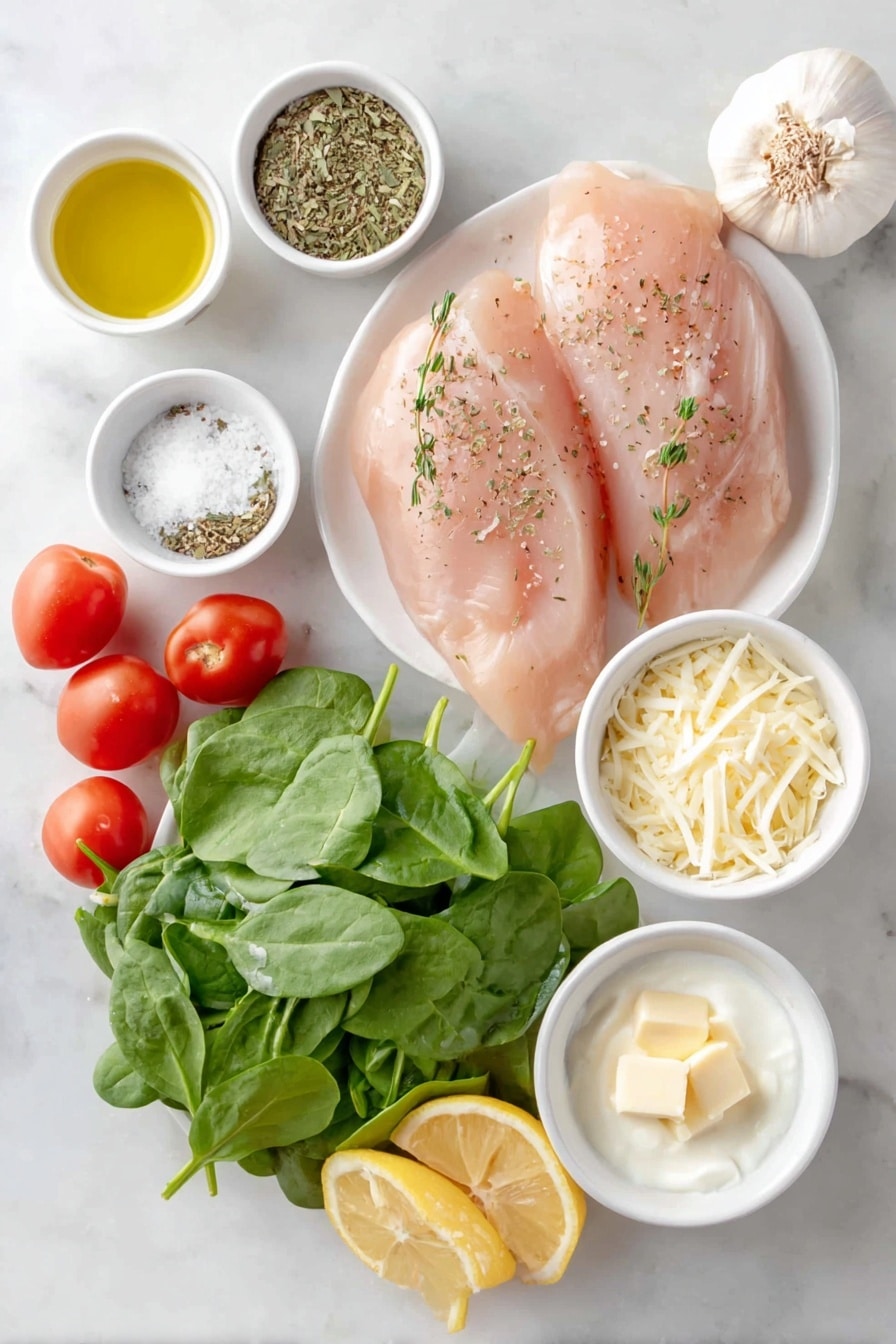 Flat lay of fresh boneless skinless chicken breasts, a small white ceramic bowl of extra-virgin olive oil, a small white ceramic bowl of kosher salt, a small white ceramic bowl of freshly ground black pepper, a small white ceramic bowl of dried oregano, several tablespoons of butter on a simple white ceramic dish, three whole uncracked garlic cloves, halved cherry tomatoes arranged neatly on a white ceramic plate, a pile of fresh baby spinach leaves, a small white ceramic bowl of heavy cream, a small white ceramic bowl filled with freshly grated Parmesan cheese, and a few lemon wedges on a simple white ceramic plate, placed on a clean white marble surface, soft natural light, photo taken with an iPhone, professional food photography style, fresh ingredients, white ceramic bowls, no bottles, no duplicates, no utensils, no packaging --ar 2:3 --v 7 --p m7354615311229779997 - Creamy Tuscan Chicken with Spinach, creamy chicken dinner, easy Tuscan chicken recipe, healthy chicken spinach dish, quick gourmet chicken recipe