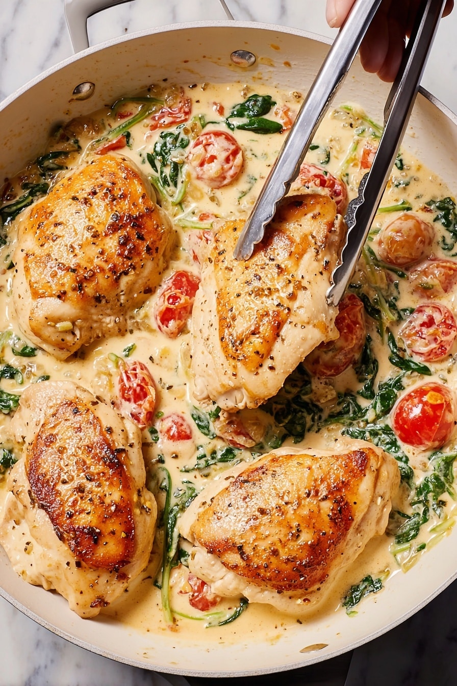 The image shows four golden-brown cooked chicken pieces in a white pan filled with a creamy sauce. The sauce has visible layers of small red cherry tomatoes and green spinach leaves scattered throughout, adding color and texture. The chicken pieces are placed in a slightly overlapping pattern, covering most of the pan’s surface. A woman's hand is holding metal tongs that lift one piece of chicken, showing the shiny texture of the meat and sauce mix. The pan sits on a white marbled surface. photo taken with an iphone --ar 2:3 --v 7 - Creamy Tuscan Chicken with Spinach, creamy chicken dinner, easy Tuscan chicken recipe, healthy chicken spinach dish, quick gourmet chicken recipe