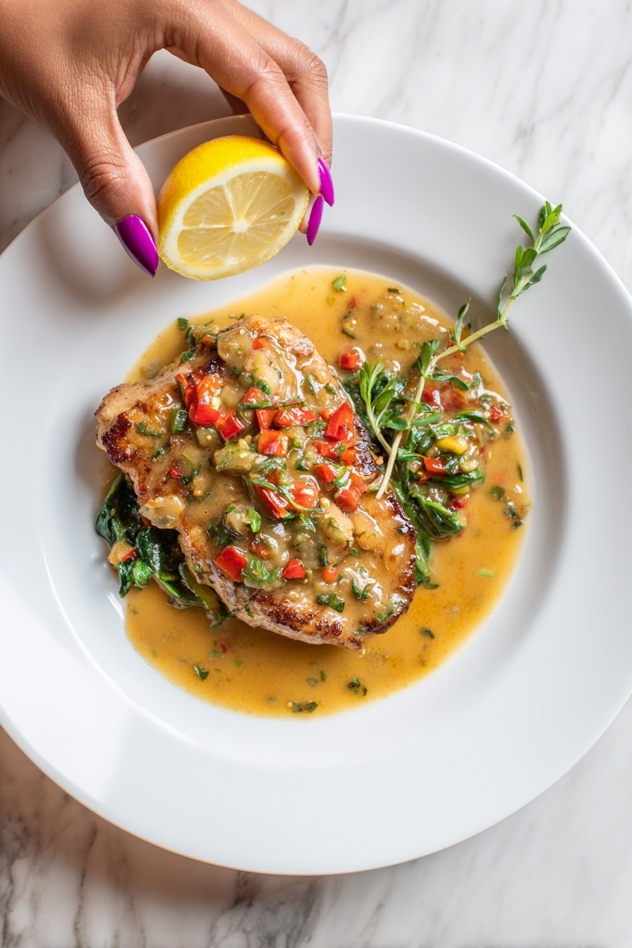 A white plate holds a single piece of cooked meat covered with a shiny, light brown sauce mixed with pieces of red pepper and green leafy vegetables underneath. On the side, there is a pool of the same sauce with visible small herbs and a bit of a green stem. A woman's hand with purple painted nails is squeezing a bright yellow lemon wedge over the dish, adding a fresh and juicy element to the composition. The background features a white marbled texture. photo taken with an iphone --ar 2:3 --v 7 - Creamy Tuscan Chicken with Spinach, creamy chicken dinner, easy Tuscan chicken recipe, healthy chicken spinach dish, quick gourmet chicken recipe